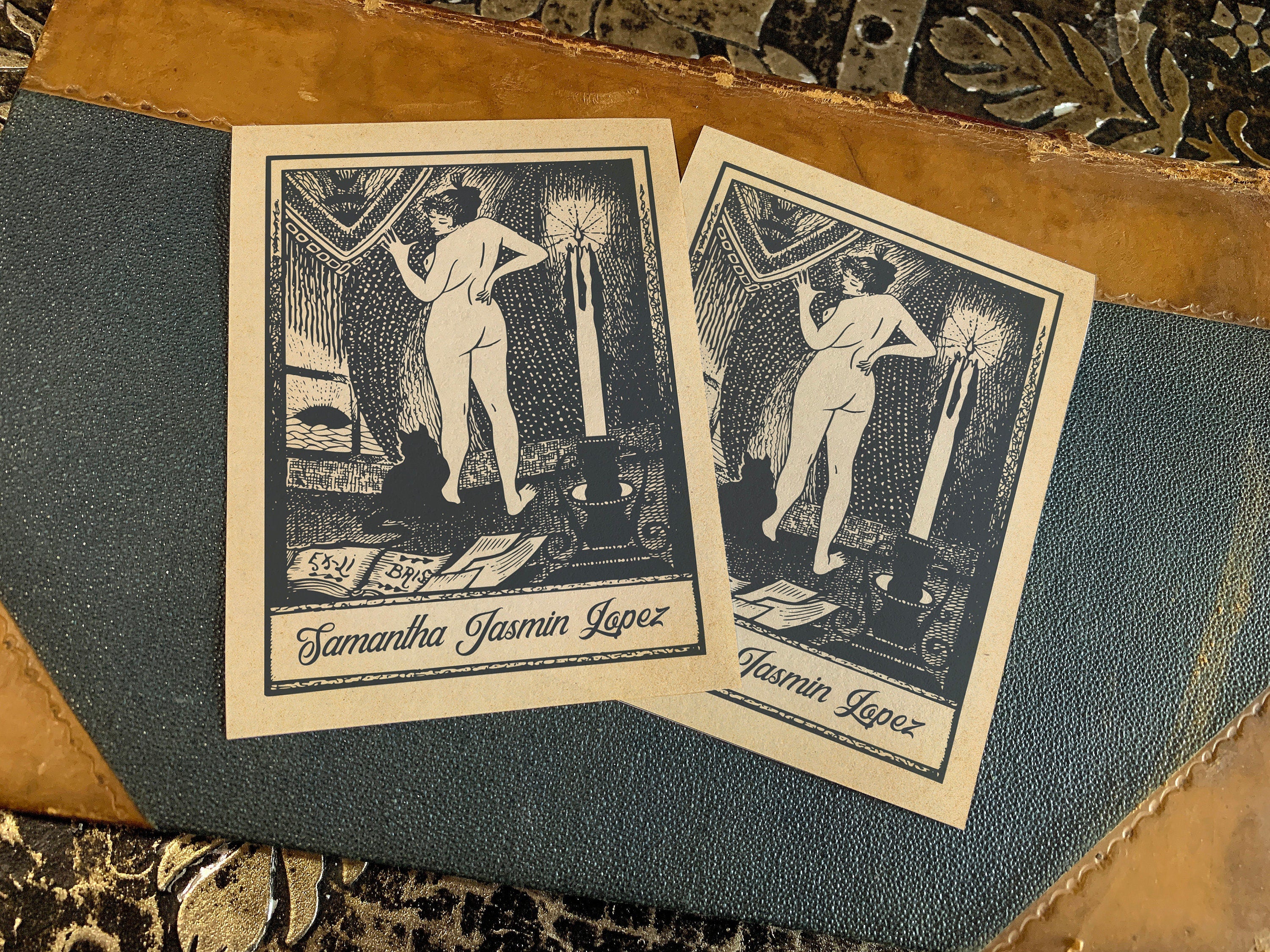 Witch and Familiar, Personalized Erotic Ex-Libris Bookplates, Crafted on Traditional Gummed Paper, 3in x 4in, Set of 30