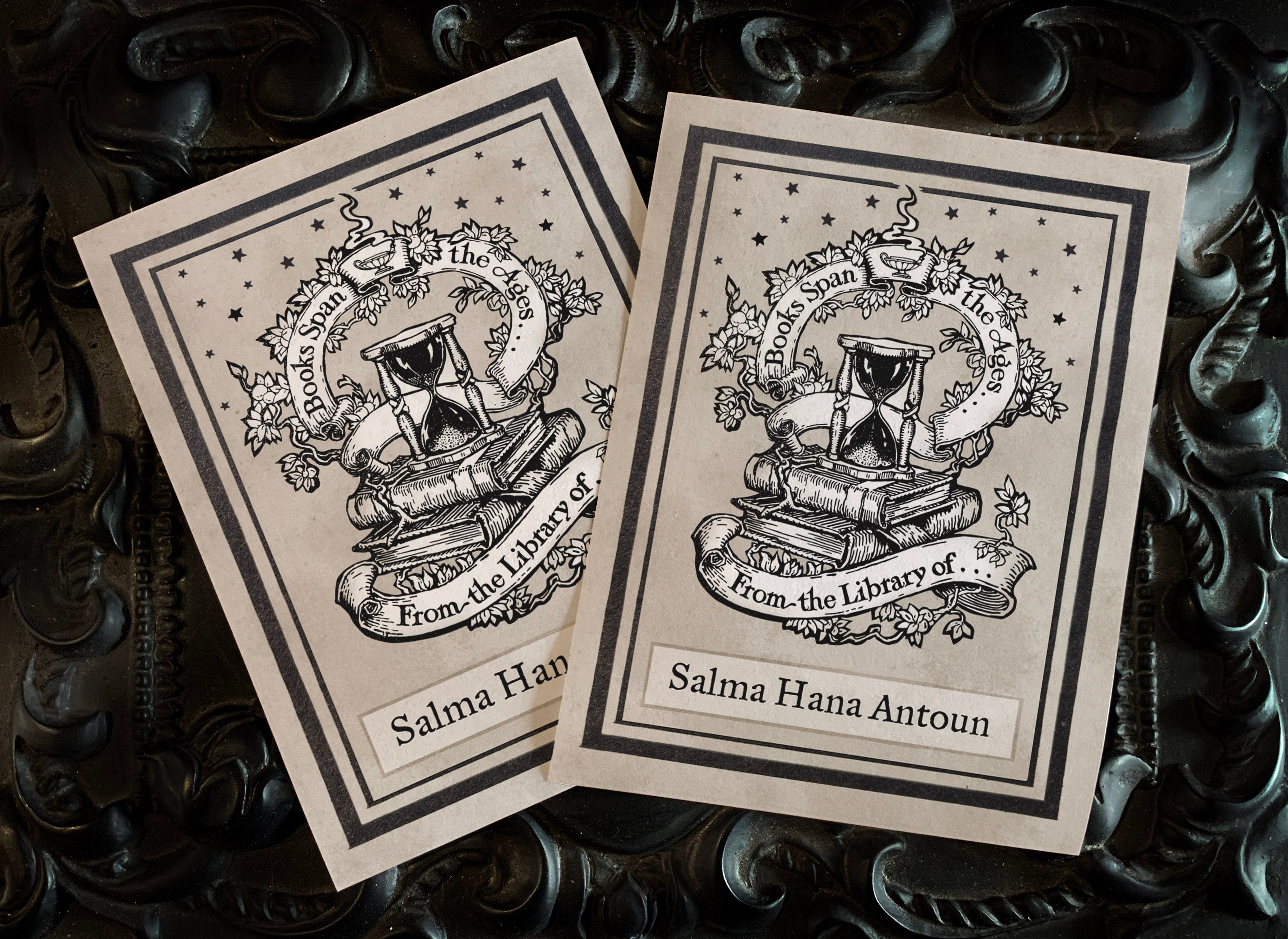 Books Span the Ages, Personalized Ex-Libris Bookplates, Crafted on Traditional Gummed Paper, 3in x 4in, Set of 30