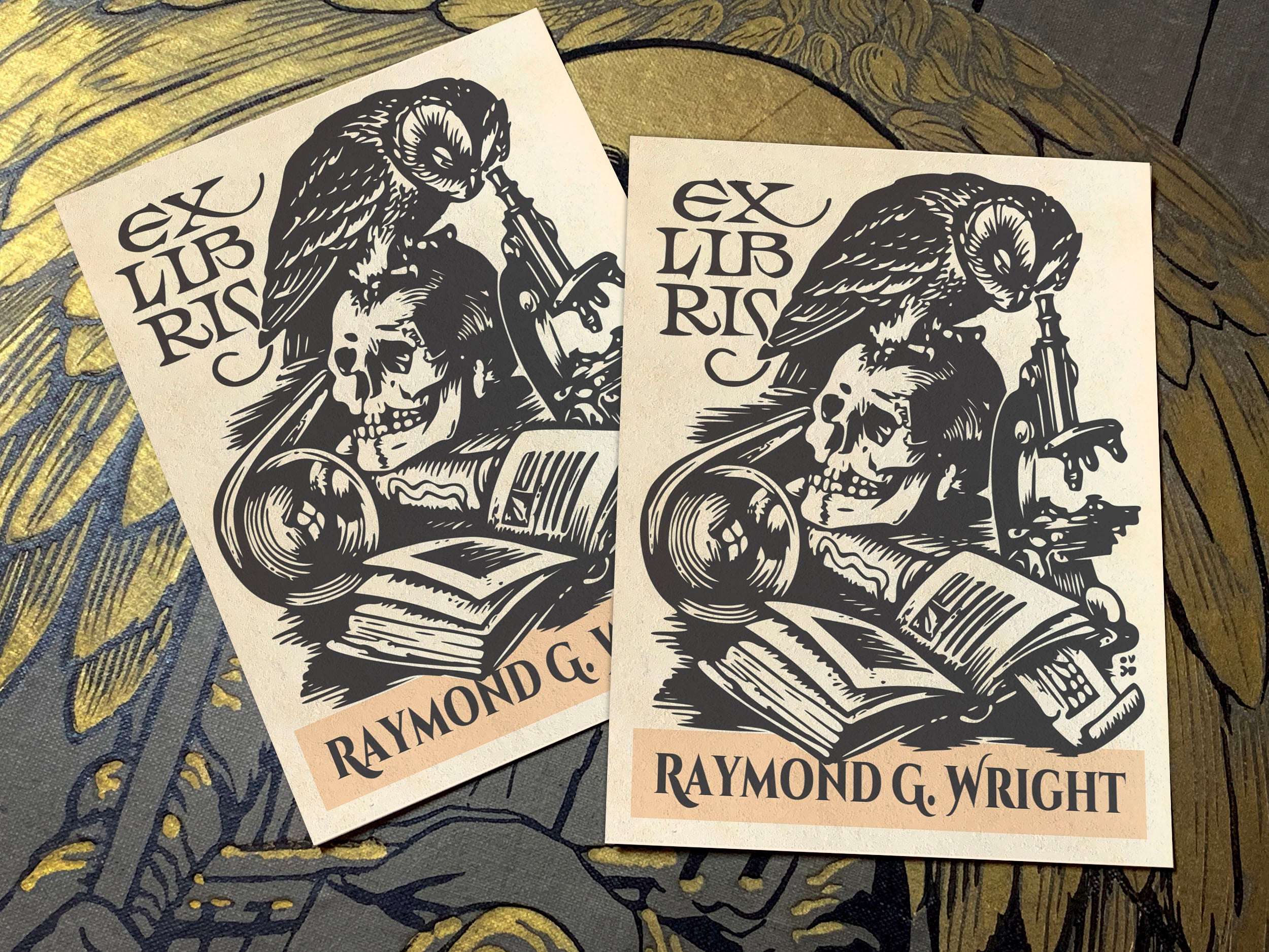 Skull, Owl, and Microscope, Personalized Gothic Ex-Libris Bookplates, Crafted on Traditional Gummed Paper, 3in x 4in, Set of 30