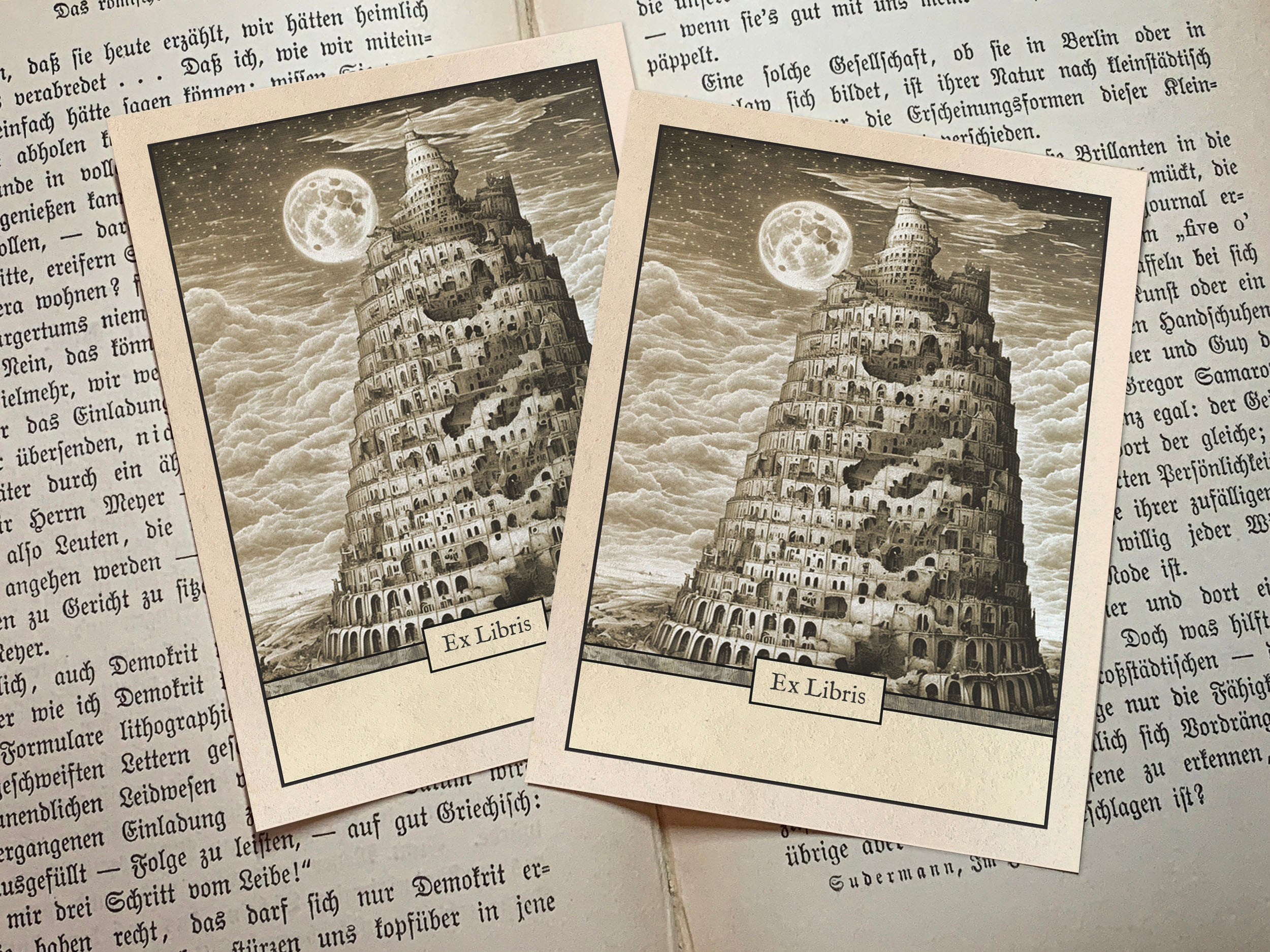 Tower of Babel, Personalized Ex-Libris Bookplates, Crafted on Traditional Gummed Paper, 3in x 4in, Set of 30