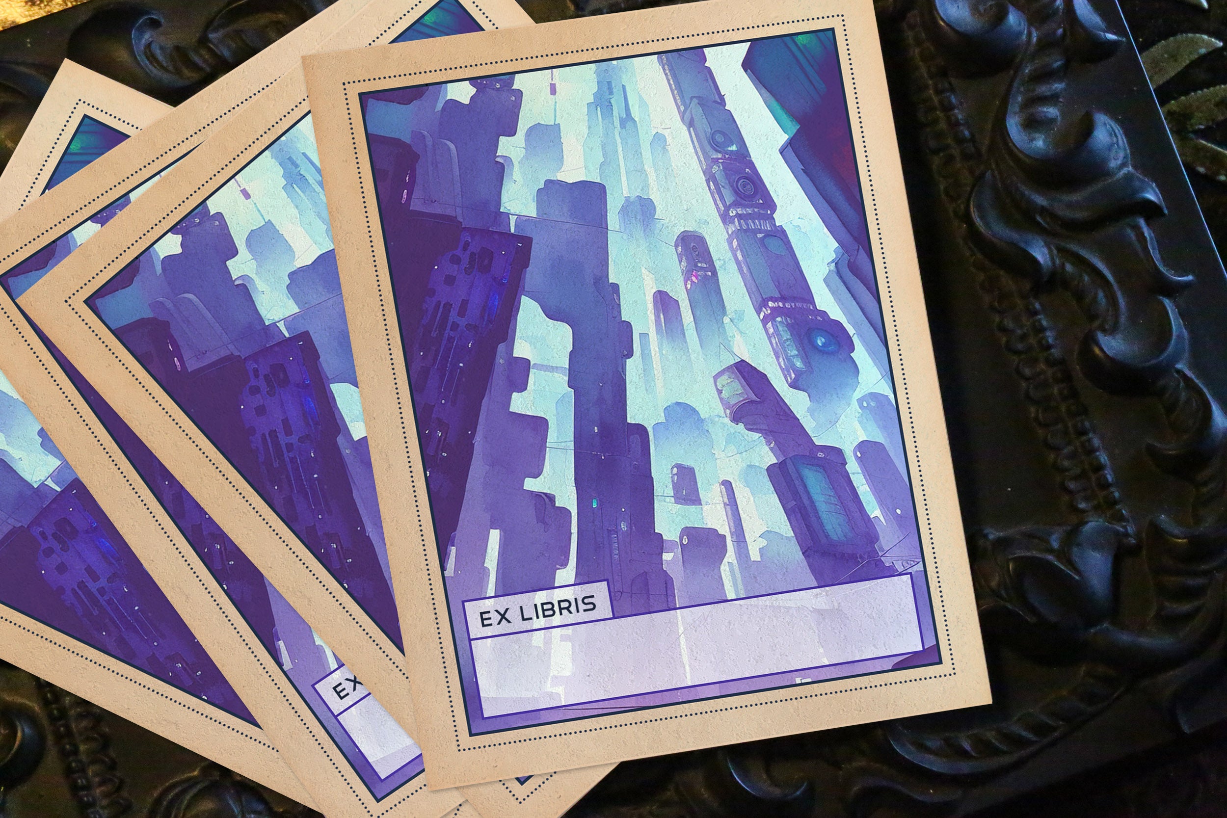 Futuristic City, Personalized Ex-Libris Bookplates, Crafted on Traditional Gummed Paper, 3in x 4in, Set of 30