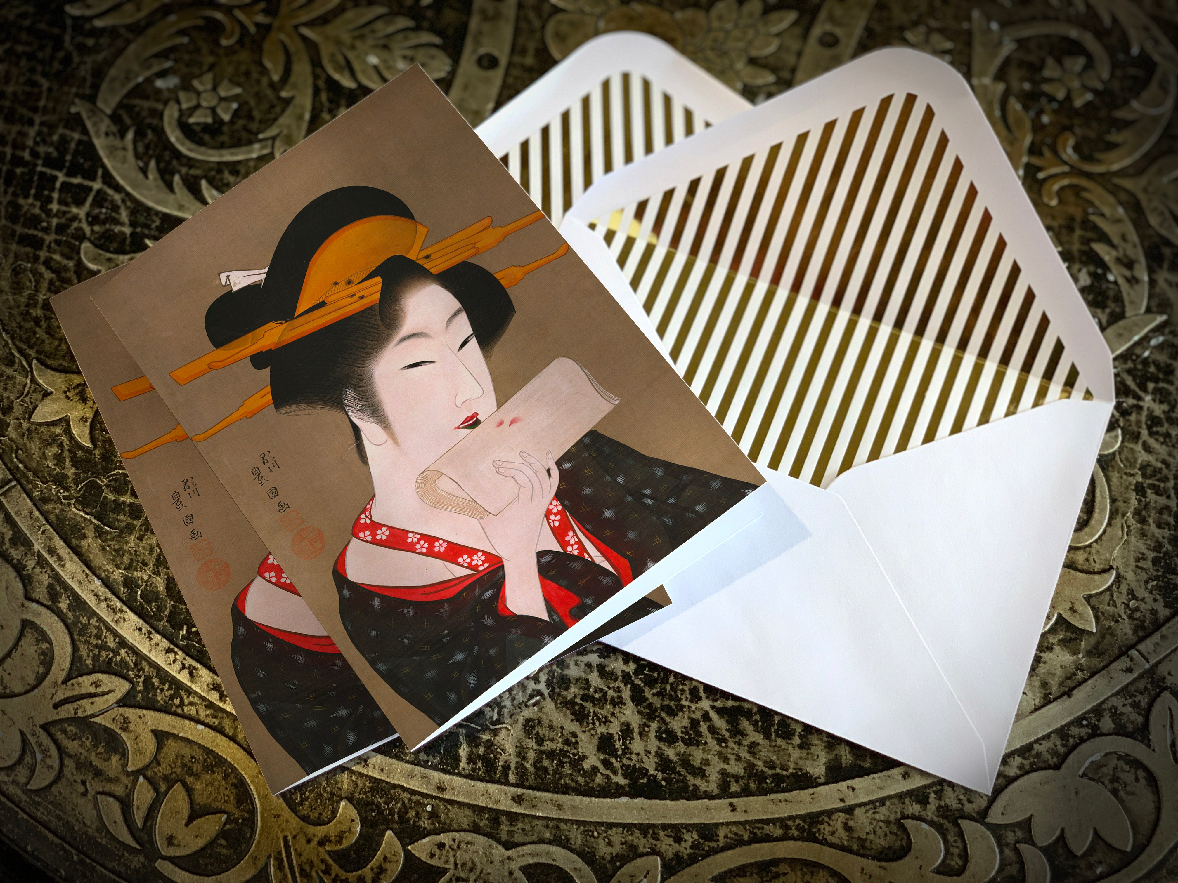 Japanese Beauty Blotting Her Lip Rouge by Utagawa Toyokuni, Greeting Card with Elegant Striped Gold Foil Envelope, 1 Card/Envelope
