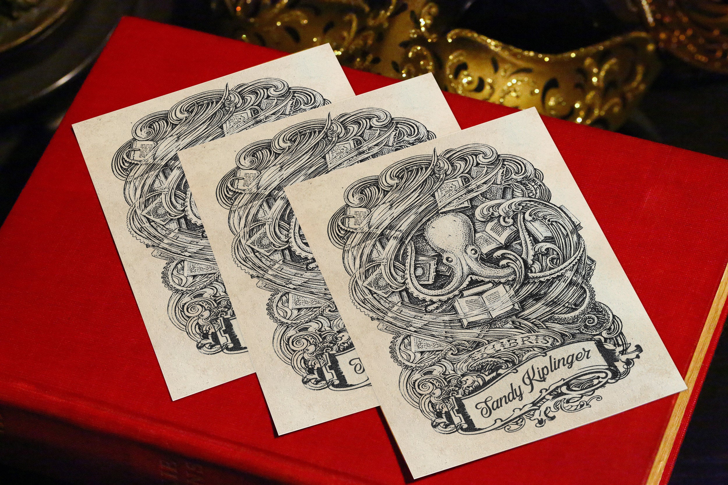 Octopus, Personalized Ex-Libris Bookplates, Crafted on Traditional Gummed Paper, 3in x 4in, Set of 30