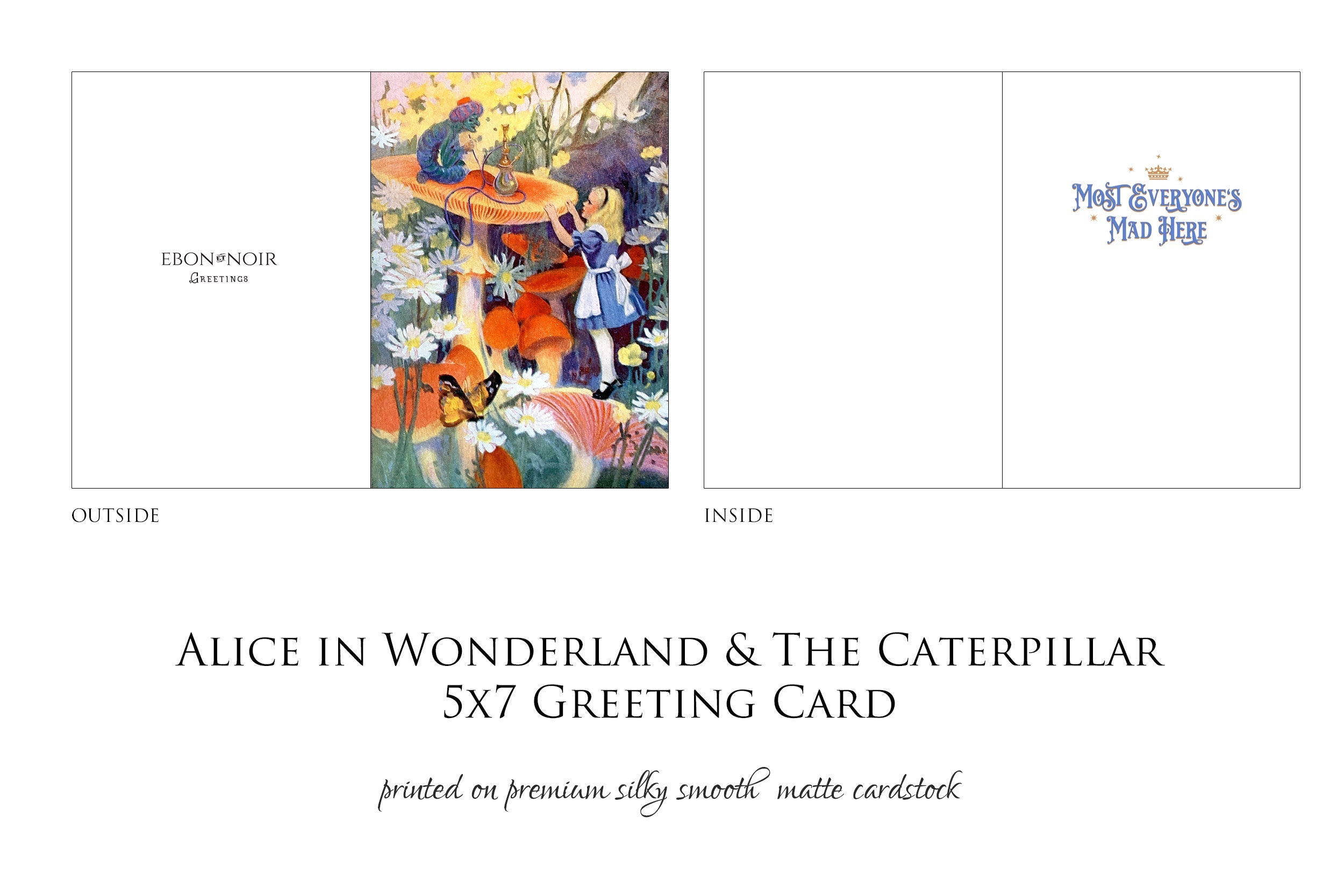 Alice and the Caterpillar, Alice in Wonderland Greeting Card with Elegant Striped Gold Foil Envelope, 1 Card/Envelope