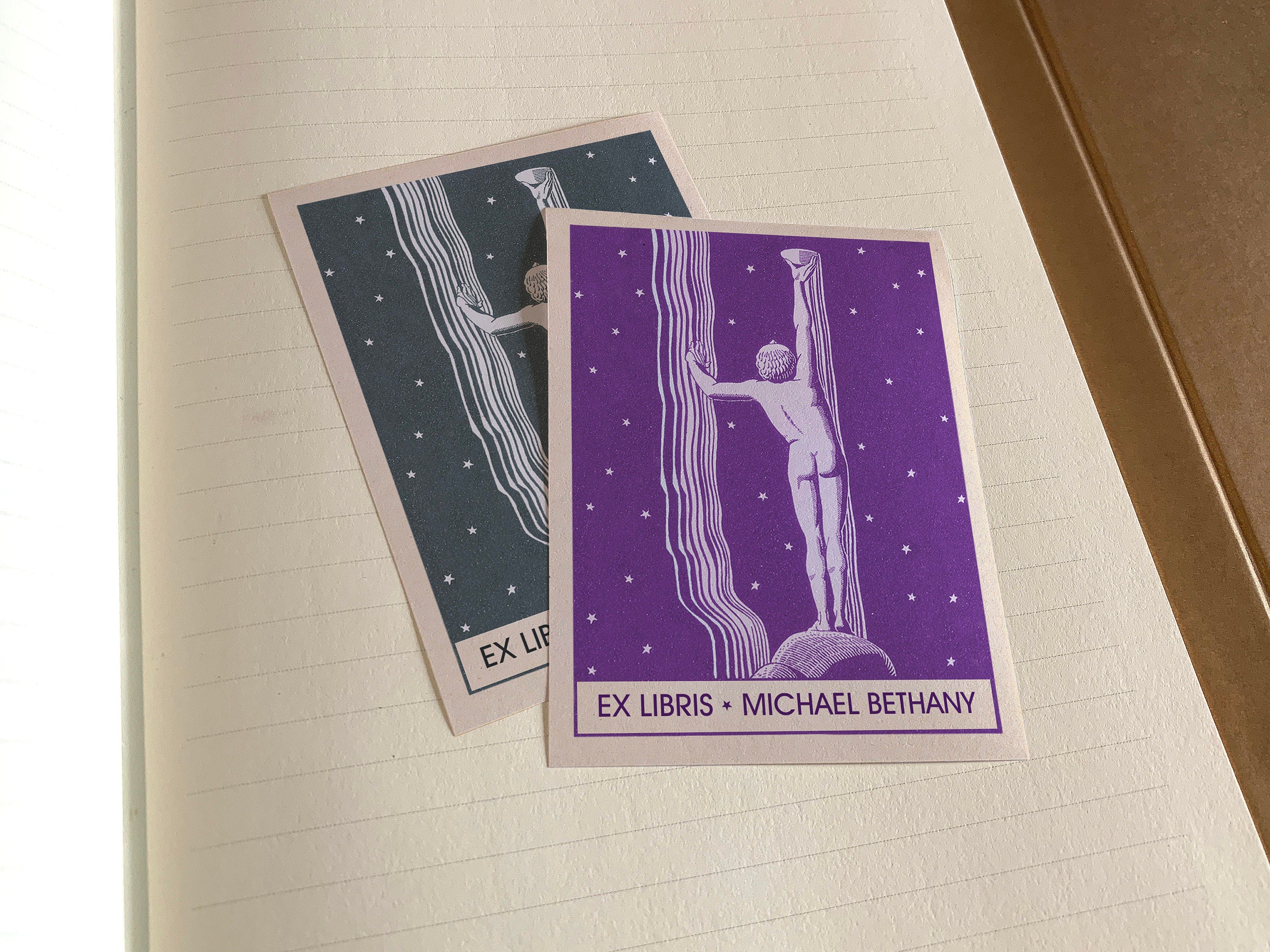 Star Catcher by Rockwell Kent, Personalized Ex-Libris Bookplates, Crafted on Traditional Gummed Paper, 3in x 4in, Set of 30, 3 Colors
