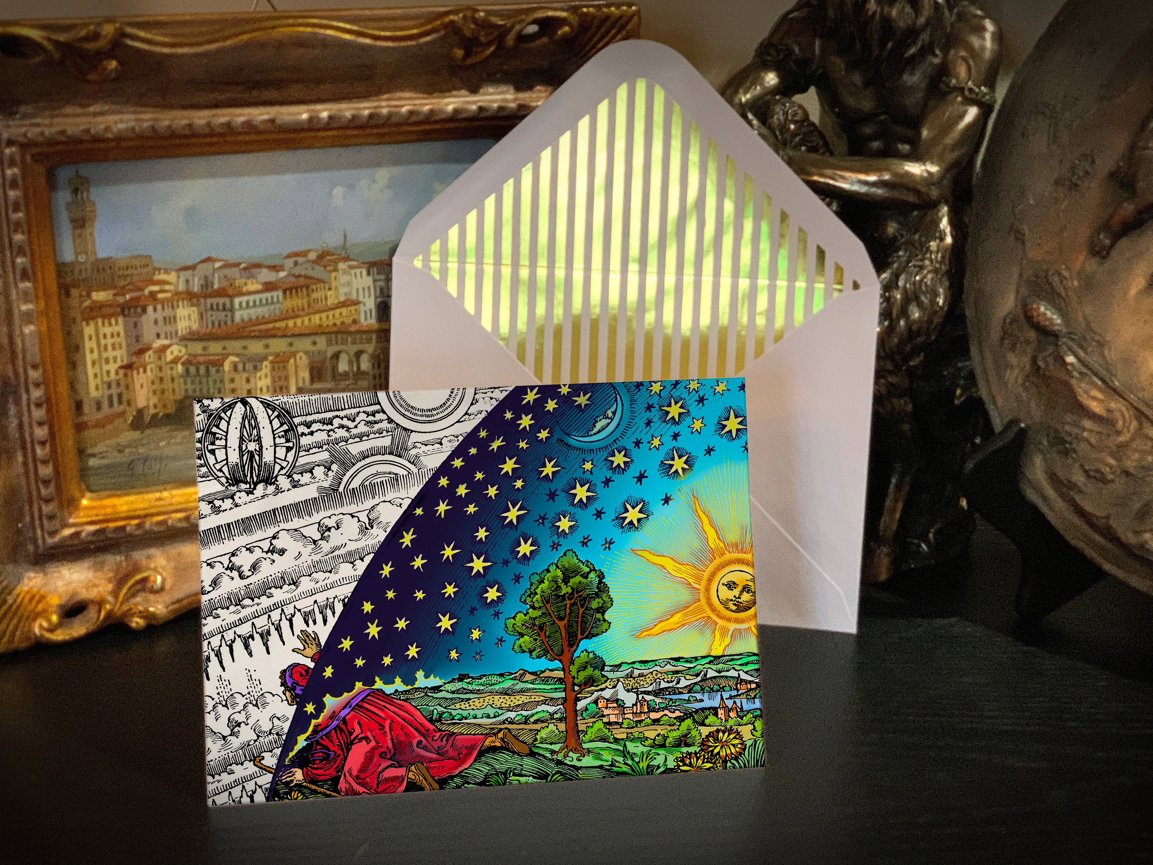 Flammarion, Celestial Greeting Card with Elegant Striped Gold Foil Envelope, 1 Card/Envelope