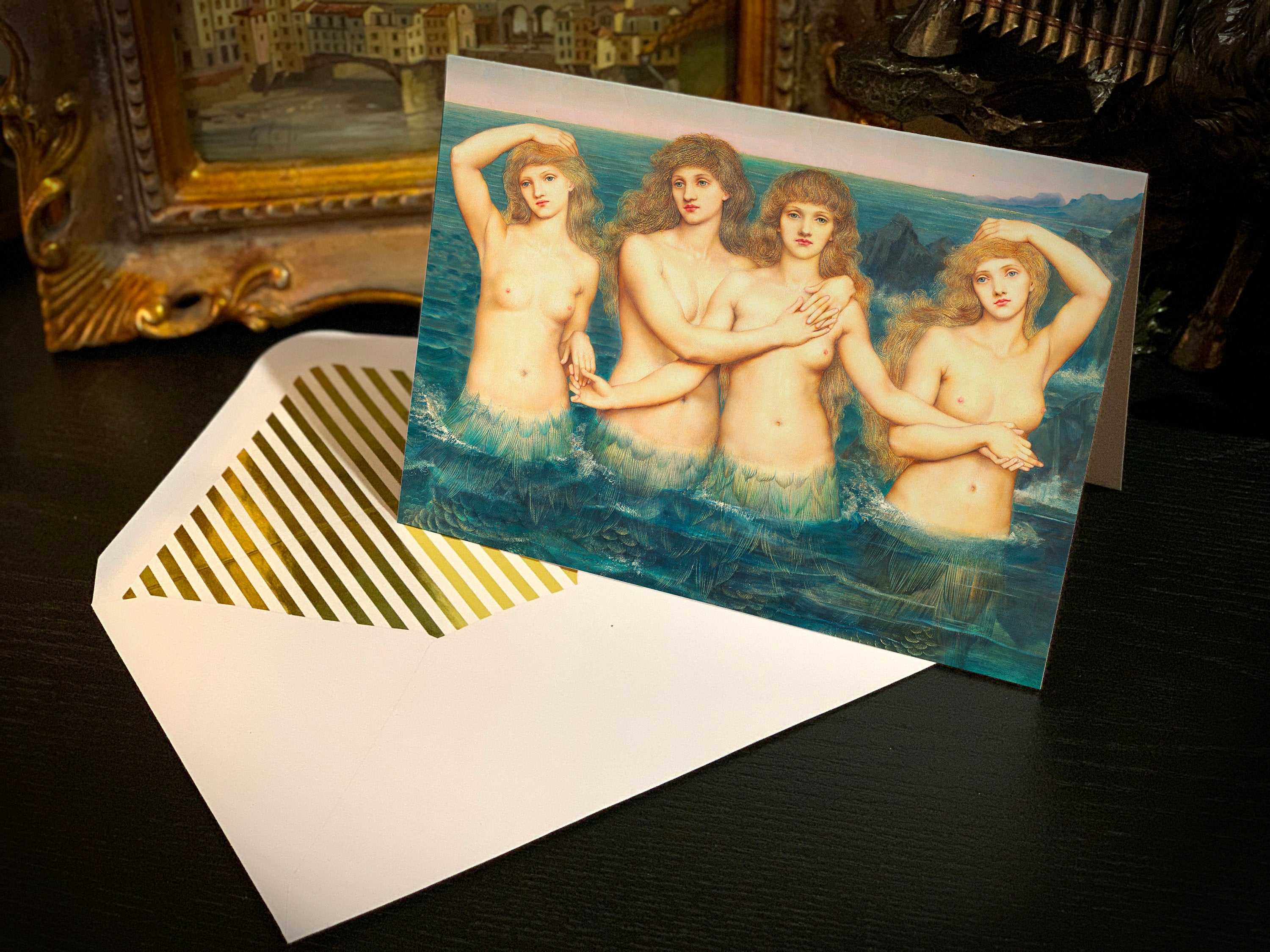 The Sea Maidens, Mermaid Greeting Card with Elegant Striped Gold Foil Envelope, 1 Card/Envelope
