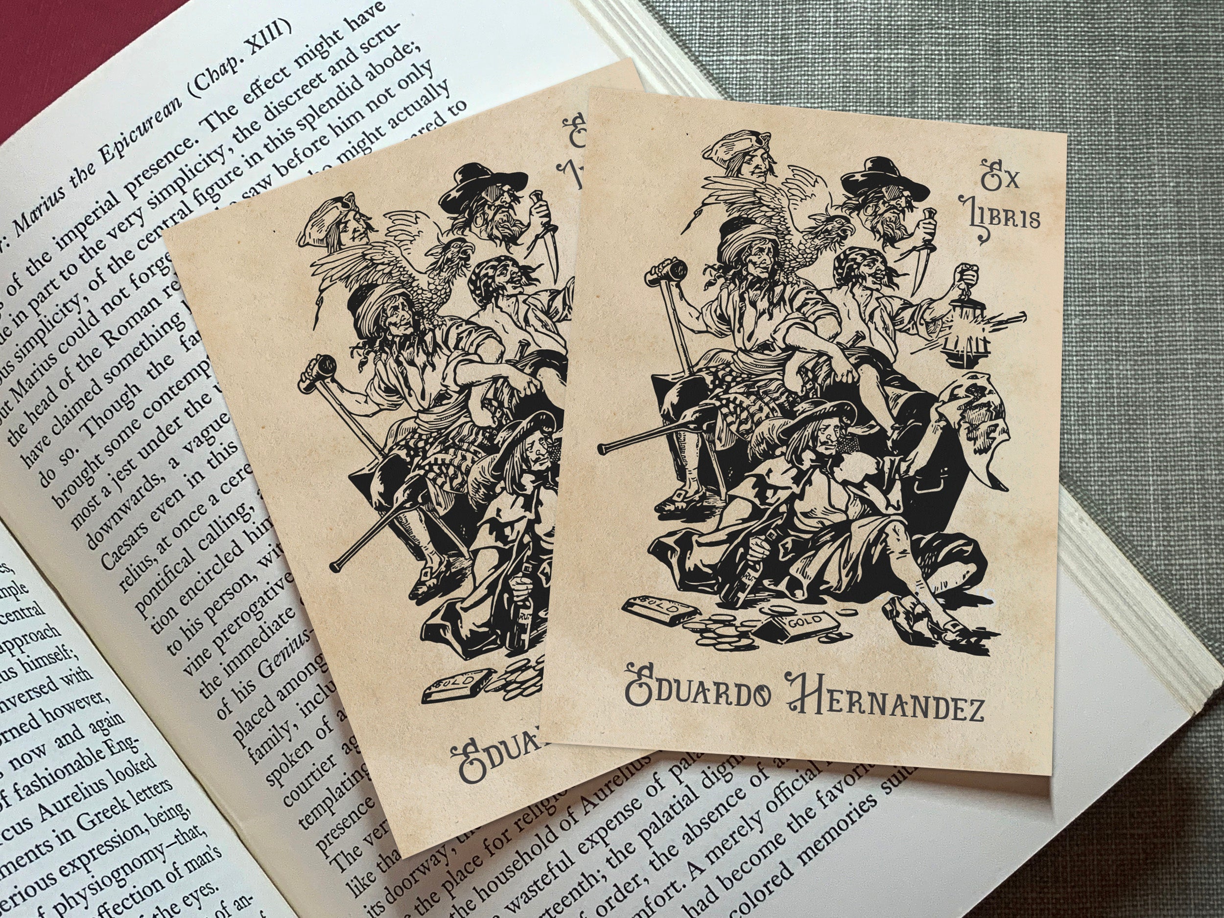 Treasure Island Buccaneers, Personalized Pirate Ex-Libris Bookplates, Crafted on Traditional Gummed Paper, 3in x 4in, Set of 30