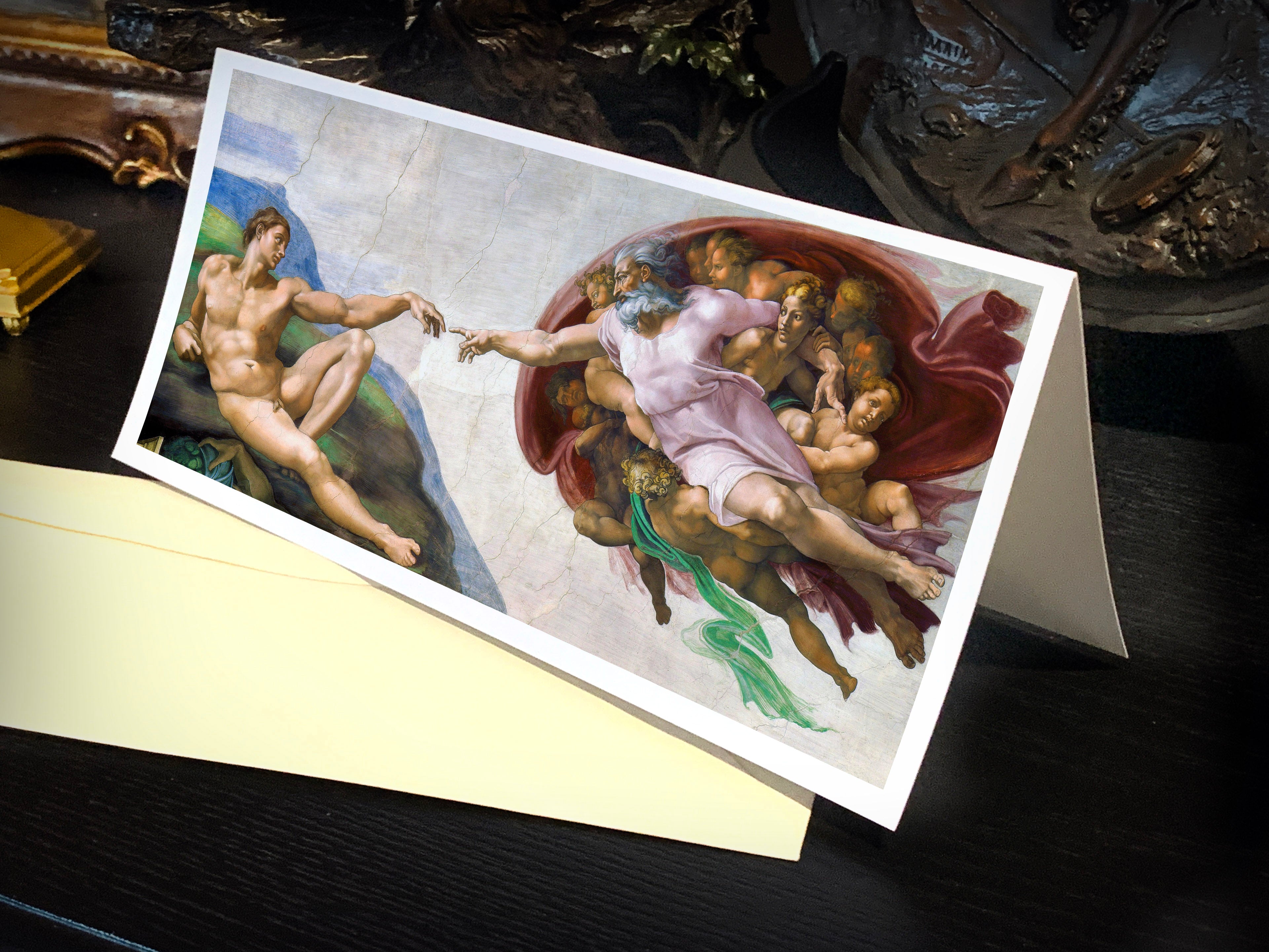 Michelangelo Buonarroti's The Creation of Adam, Panoramic Greeting Card/Money Holder with Linen Envelope