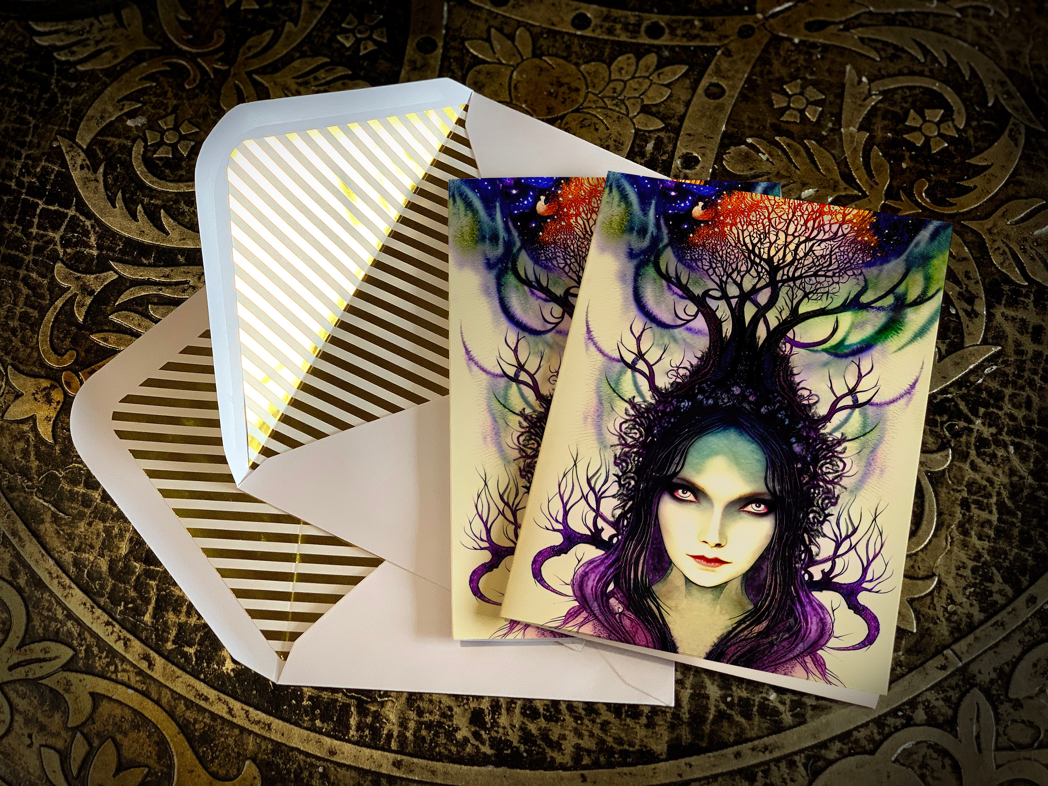 Imbolc, Nature Spring Goddess, Pagan Witch, Greeting Card with Elegant Striped Gold Foil Envelope, 1 Card/Envelope
