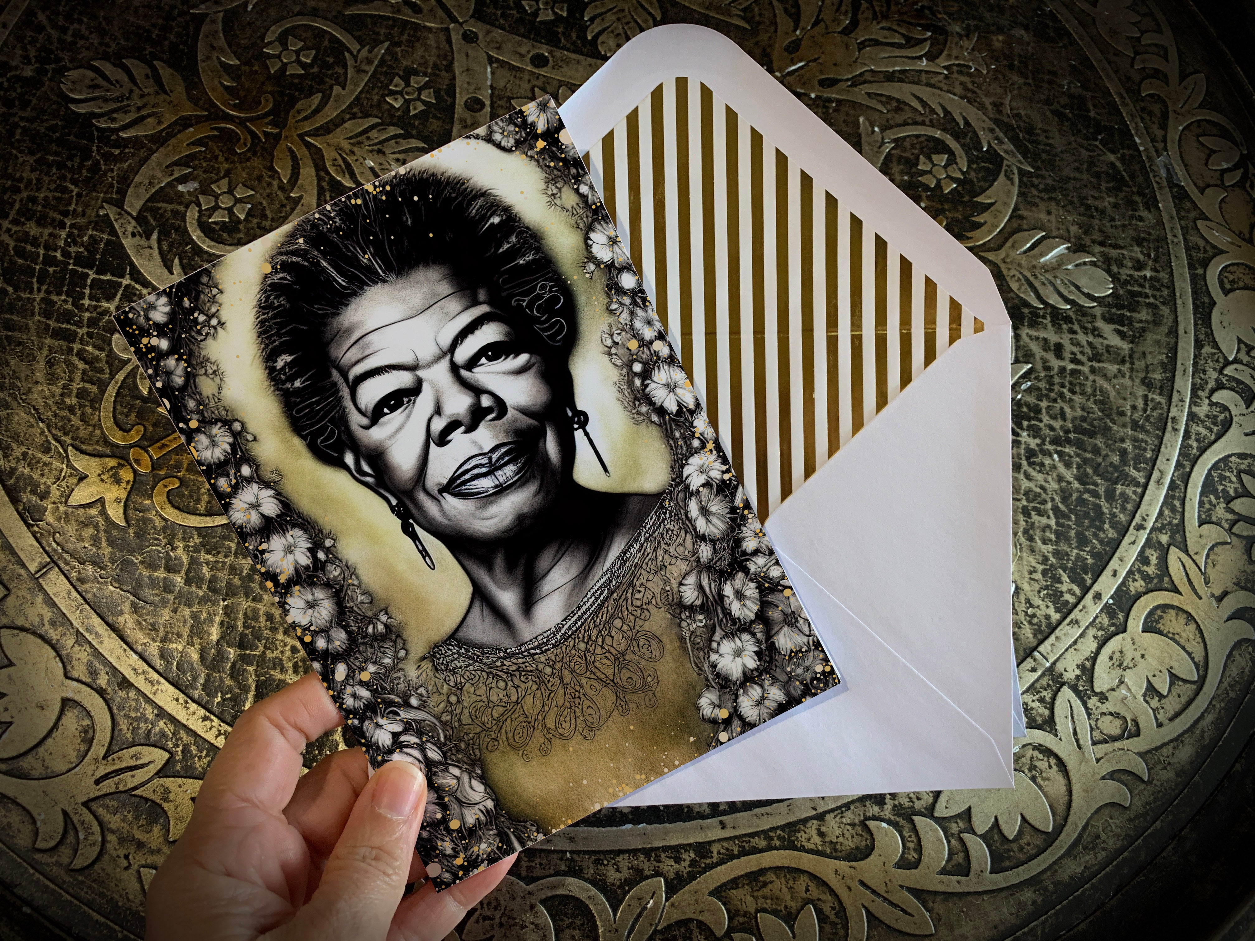 Illustrated Portrait of Author Maya Angelou, Greeting Card with Elegant Striped Gold Foil Envelope, 1 Card/Envelope