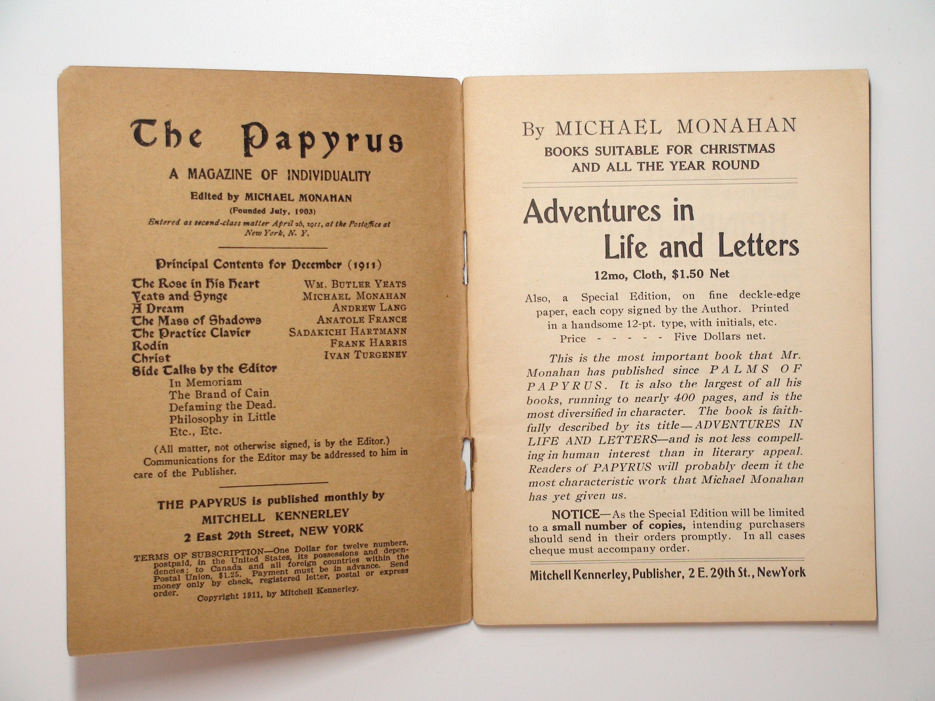 The Papyrus Magazine, Ed. by Michael Monahan, RARE, 1st Ed, December 1911