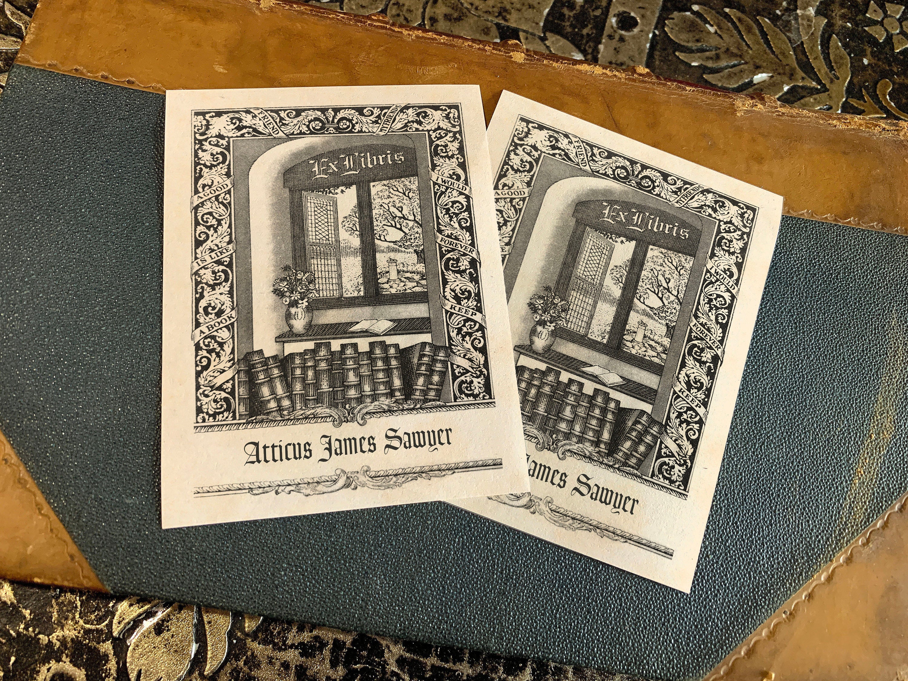 Gothic Window, Personalized Ex-Libris Bookplates, Crafted on Traditional Gummed Paper, 3in x 4in, Set of 30