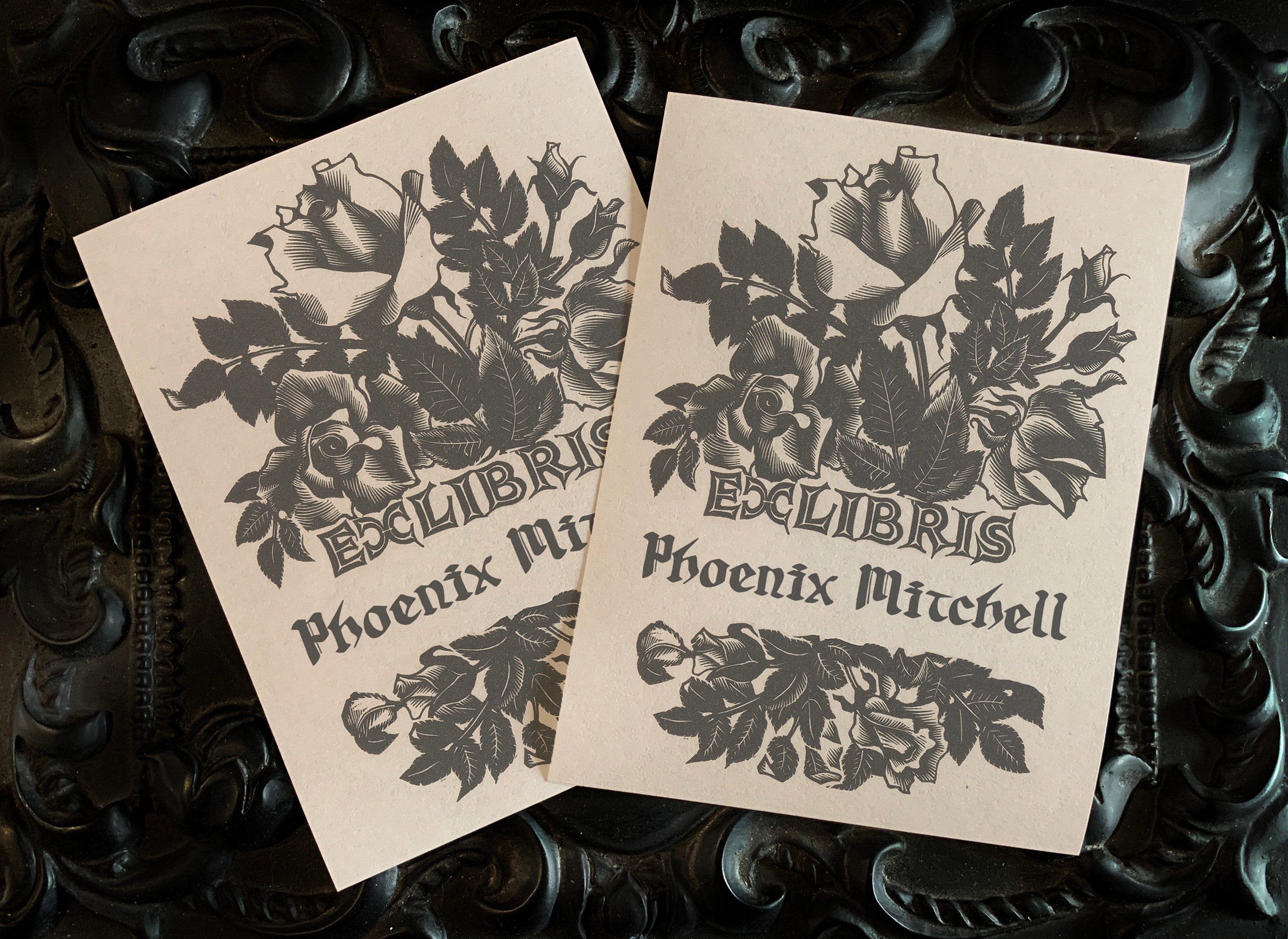 Dark Roses, Personalized Floral Ex-Libris Bookplates, Crafted on Traditional Gummed Paper, 3in x 4in, Set of 30
