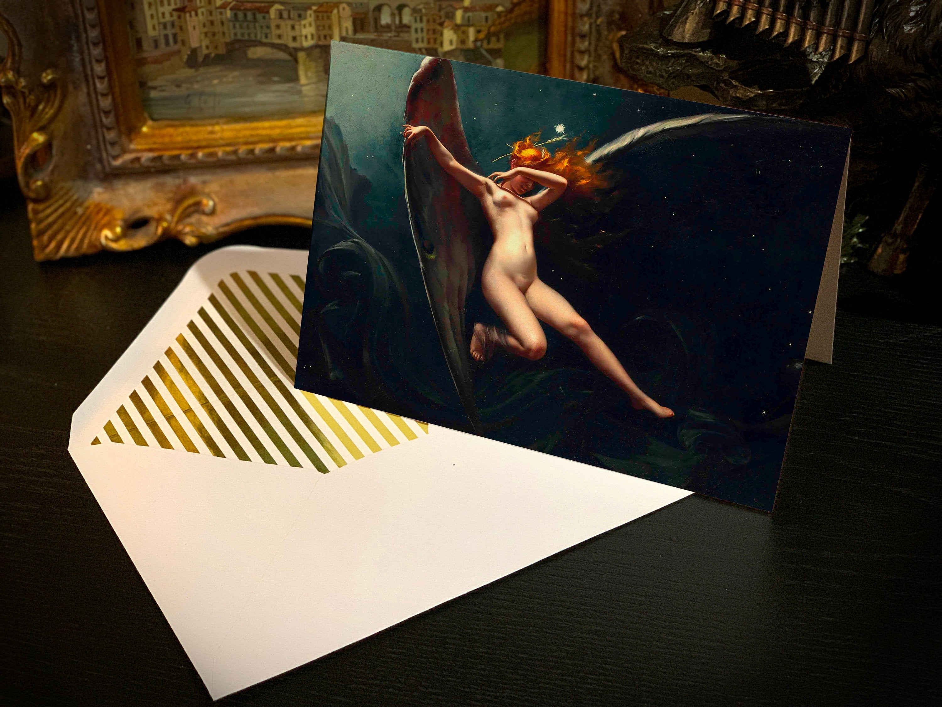 A Fairy Under Starry Skies by Luis Ricardo Falero, Greeting Card with Elegant Striped Gold Foil Envelope, 1 Card/Envelope