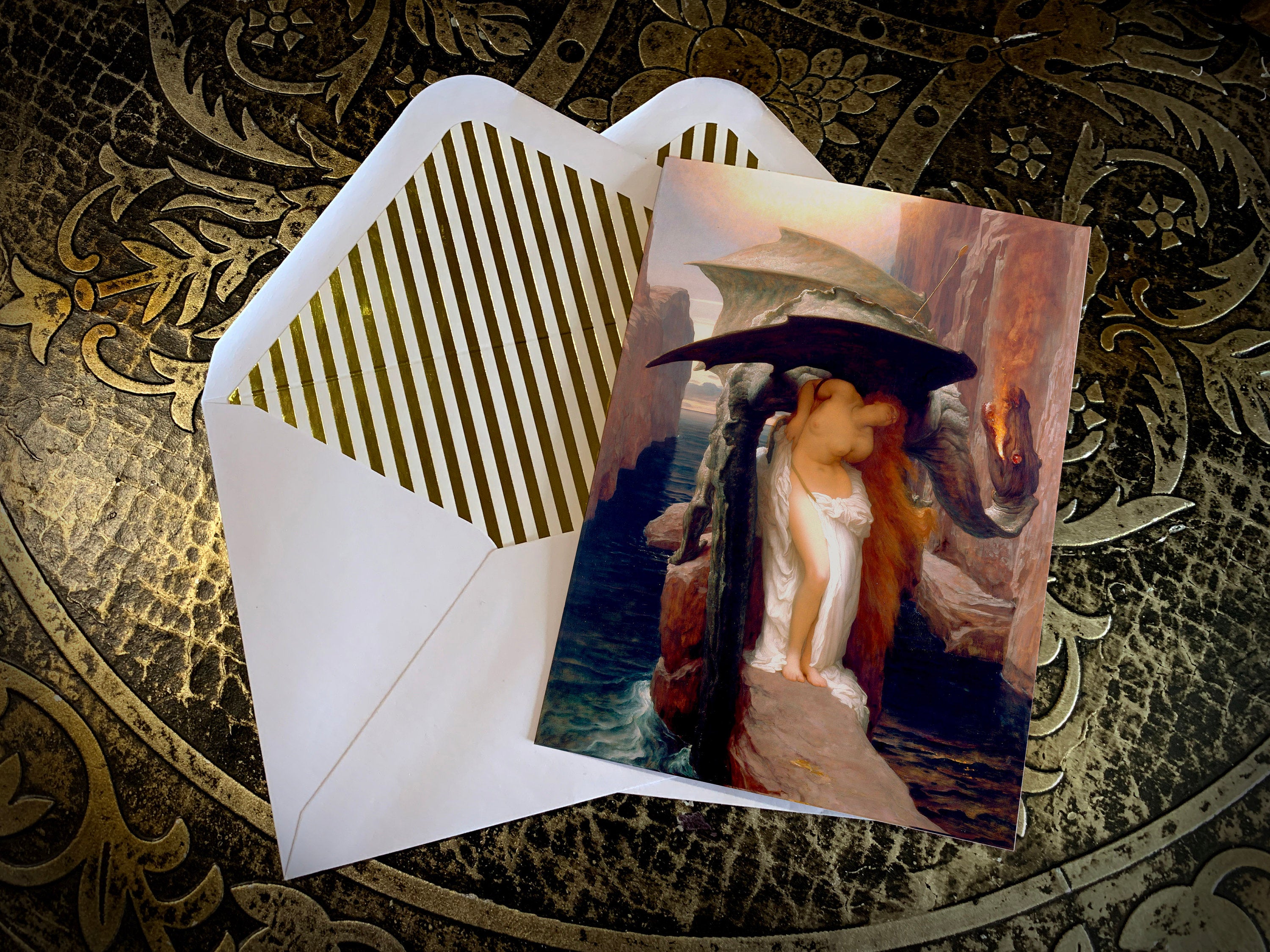 Perseus and Andromeda by Frederic Leighton, Mythological Greeting Card with Elegant Striped Gold Foil Envelope, 1 Card/Envelope