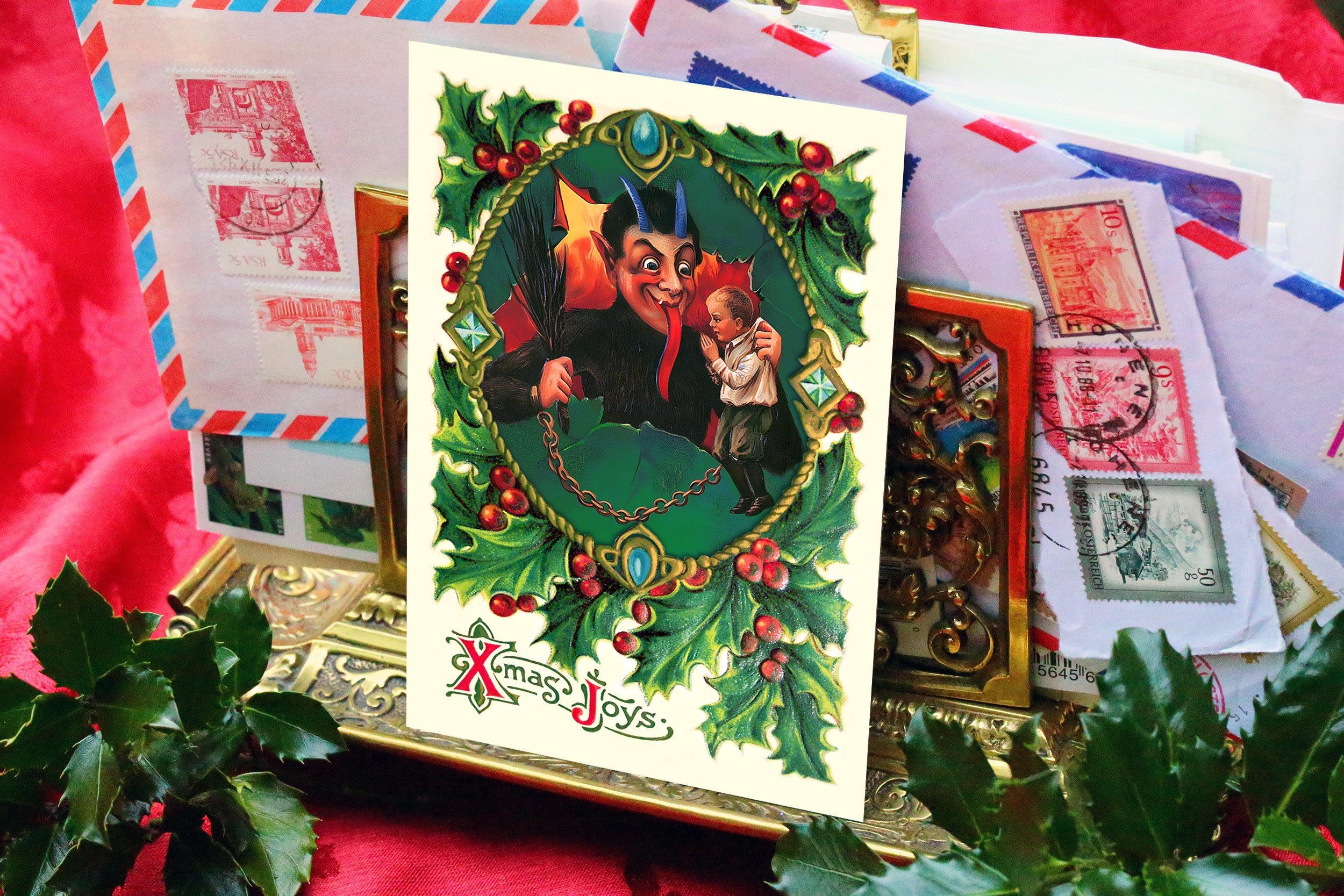 Xmas Joys Krampus, Gruss Vom Krampus Victorian-Inspired Christmas Postcard Set, Set of 12