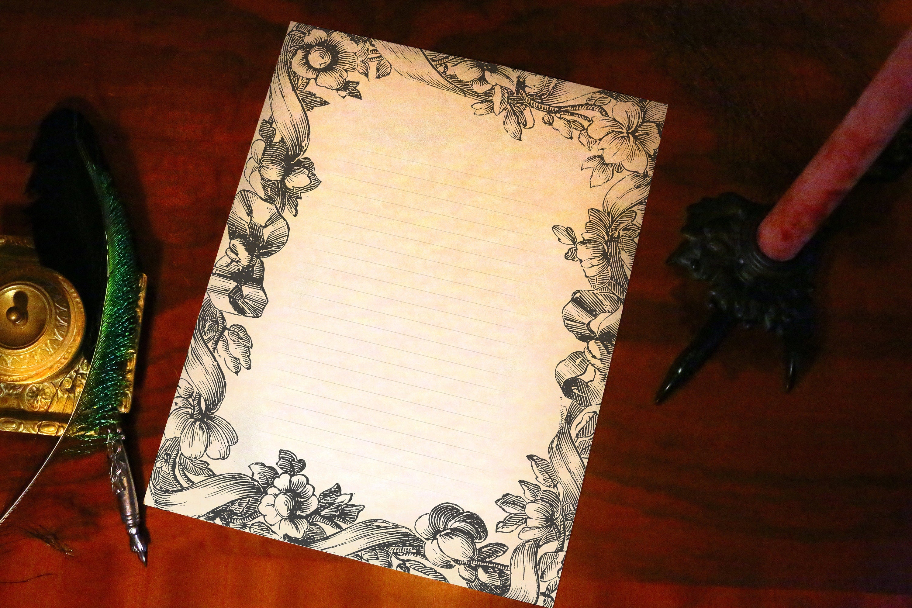 Blooms and Bows, Luxurious Floral Handcrafted Stationery Set for Letter Writing, Personalized, 12 Sheets/10 Envelopes