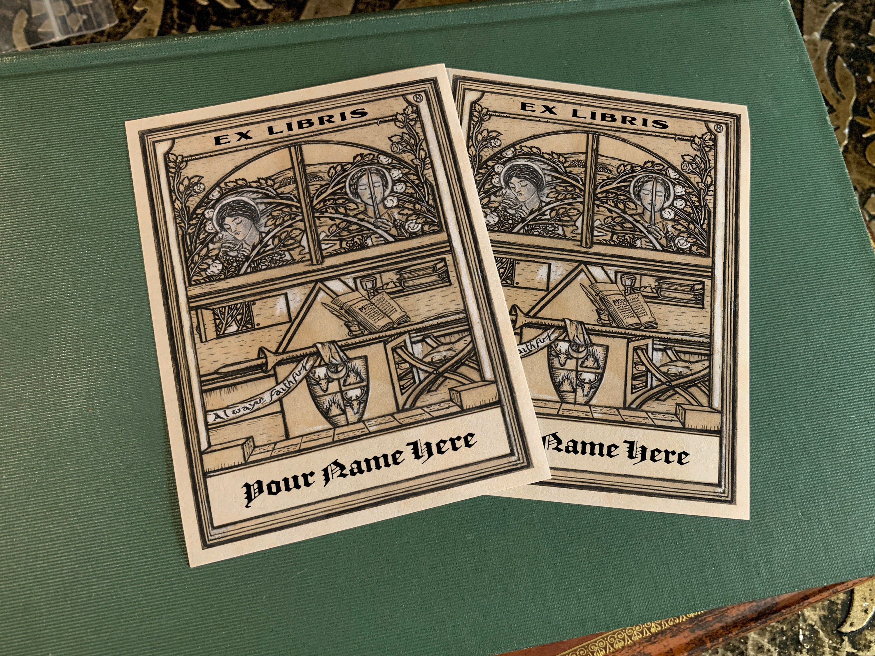 Always Faithful, Personalized Gothic Ex-Libris Bookplates, Crafted on Traditional Gummed Paper, 3in x 4in, Set of 30