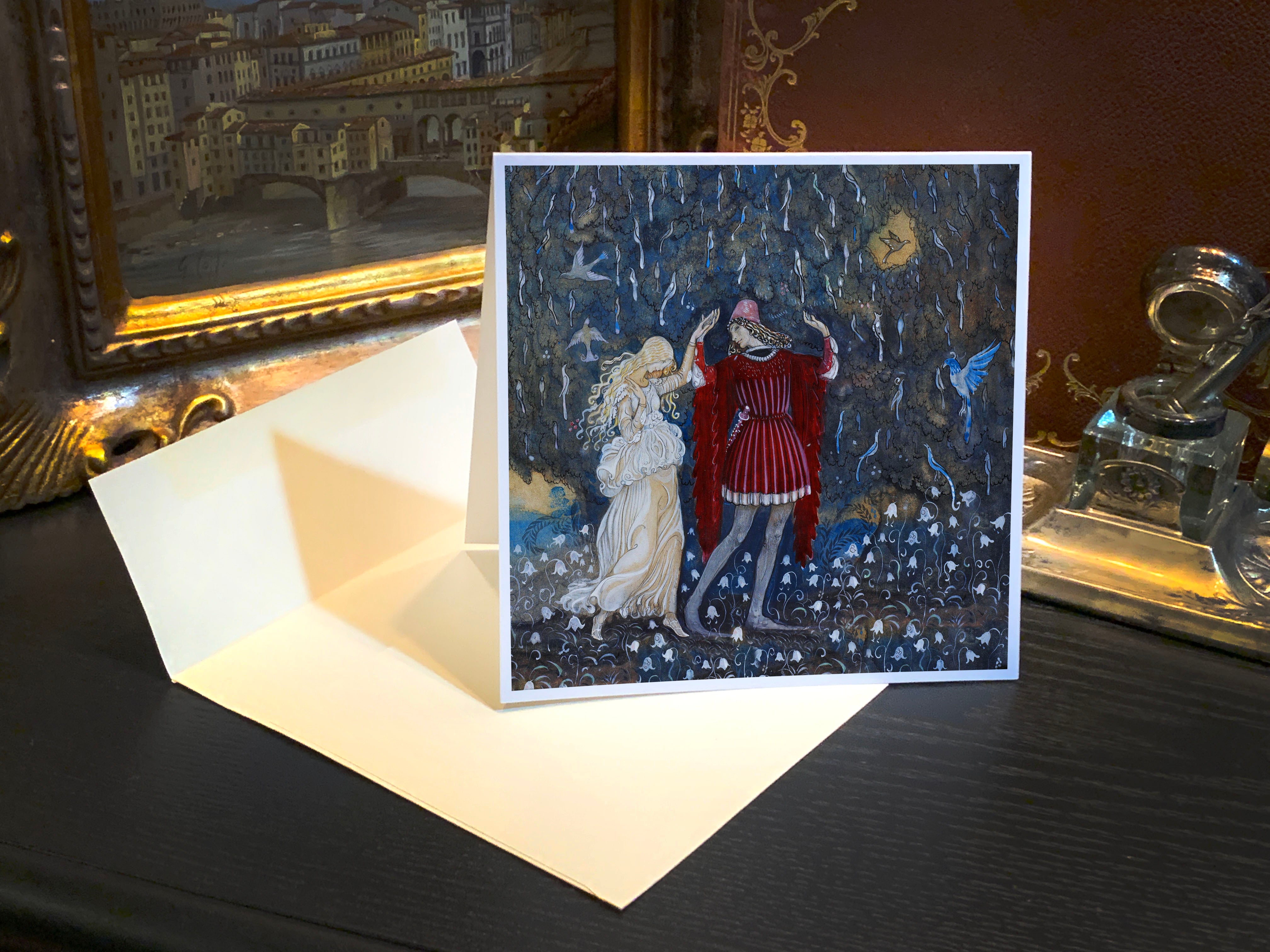 Lena and the Knight by John Bauer, Fairytale 5.25in Square Greeting Card, With Beige Envelope