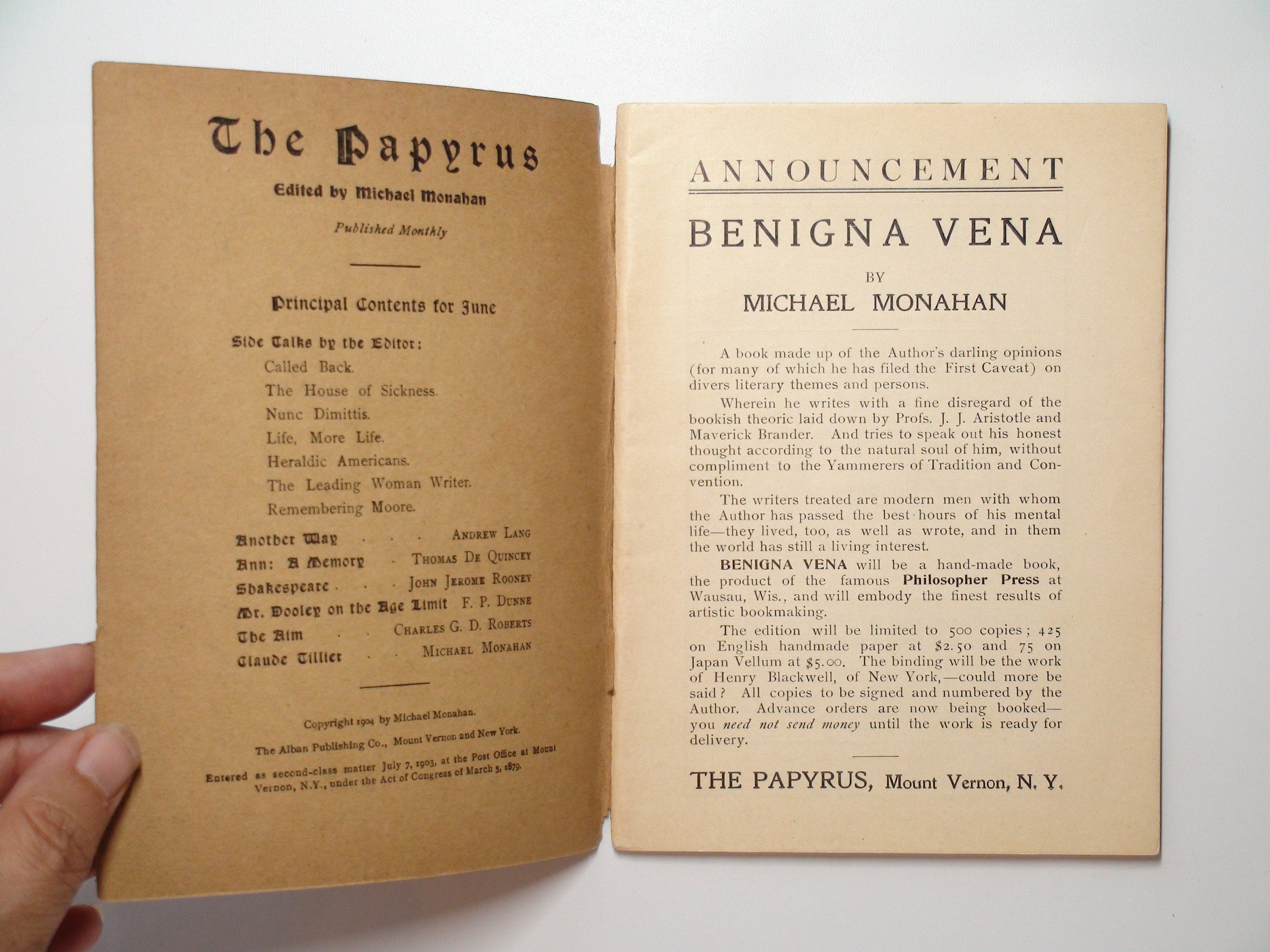 The Papyrus Magazine, Ed. by Michael Monahan, RARE, 1st Ed, June 1904