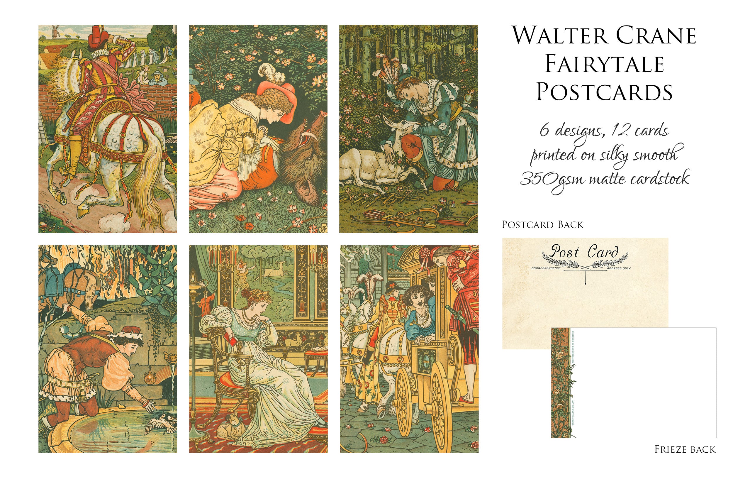 Fairytales by Walter Crane, Everyday Postcard/Notecard Set, 6 Designs, 12 Cards
