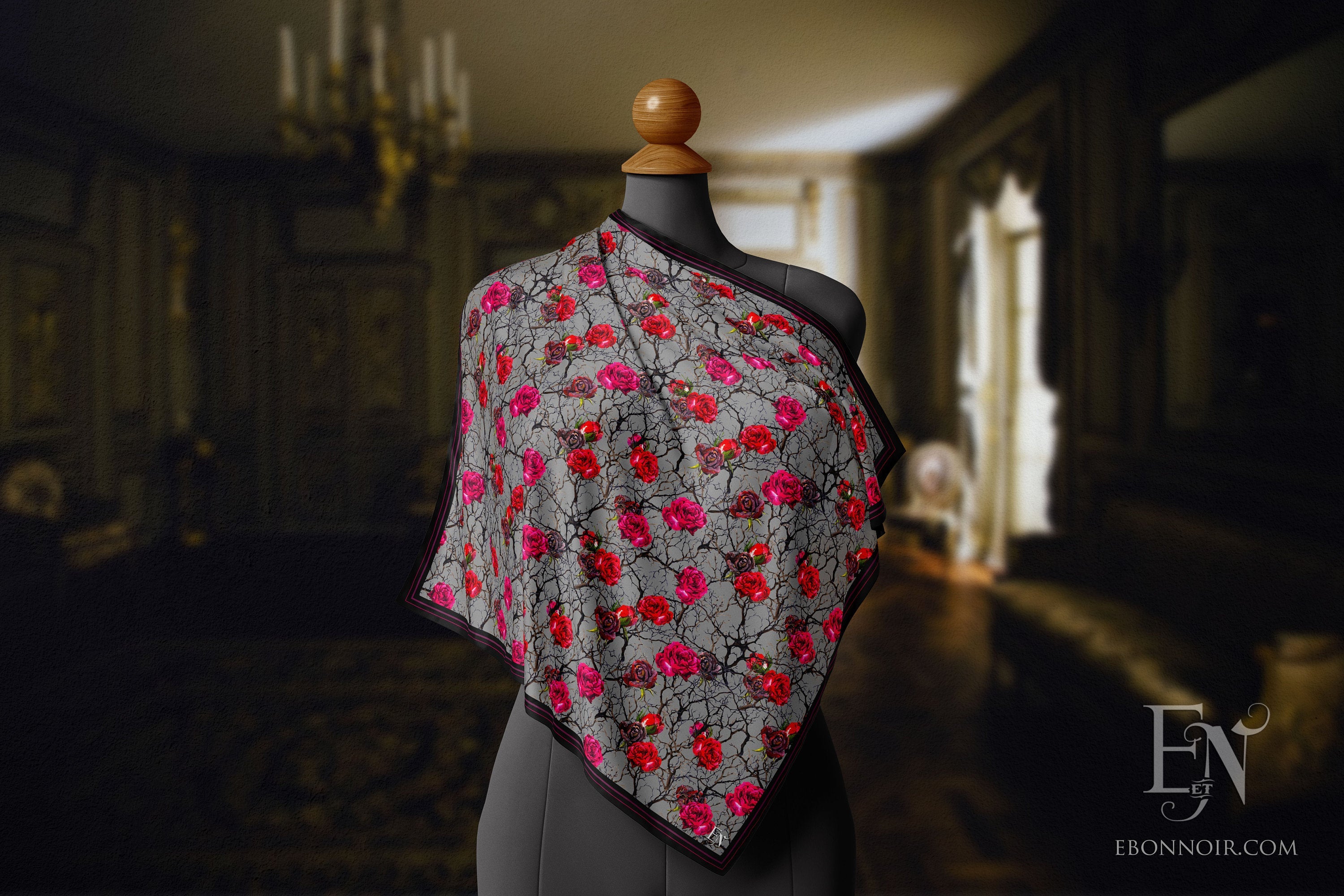 Brier Roses, Luxurious Square Scarf/Wrap/Boho Shawl, Made to Order, Handmade and Cruelty Free, Exclusively at Ebon et Noir