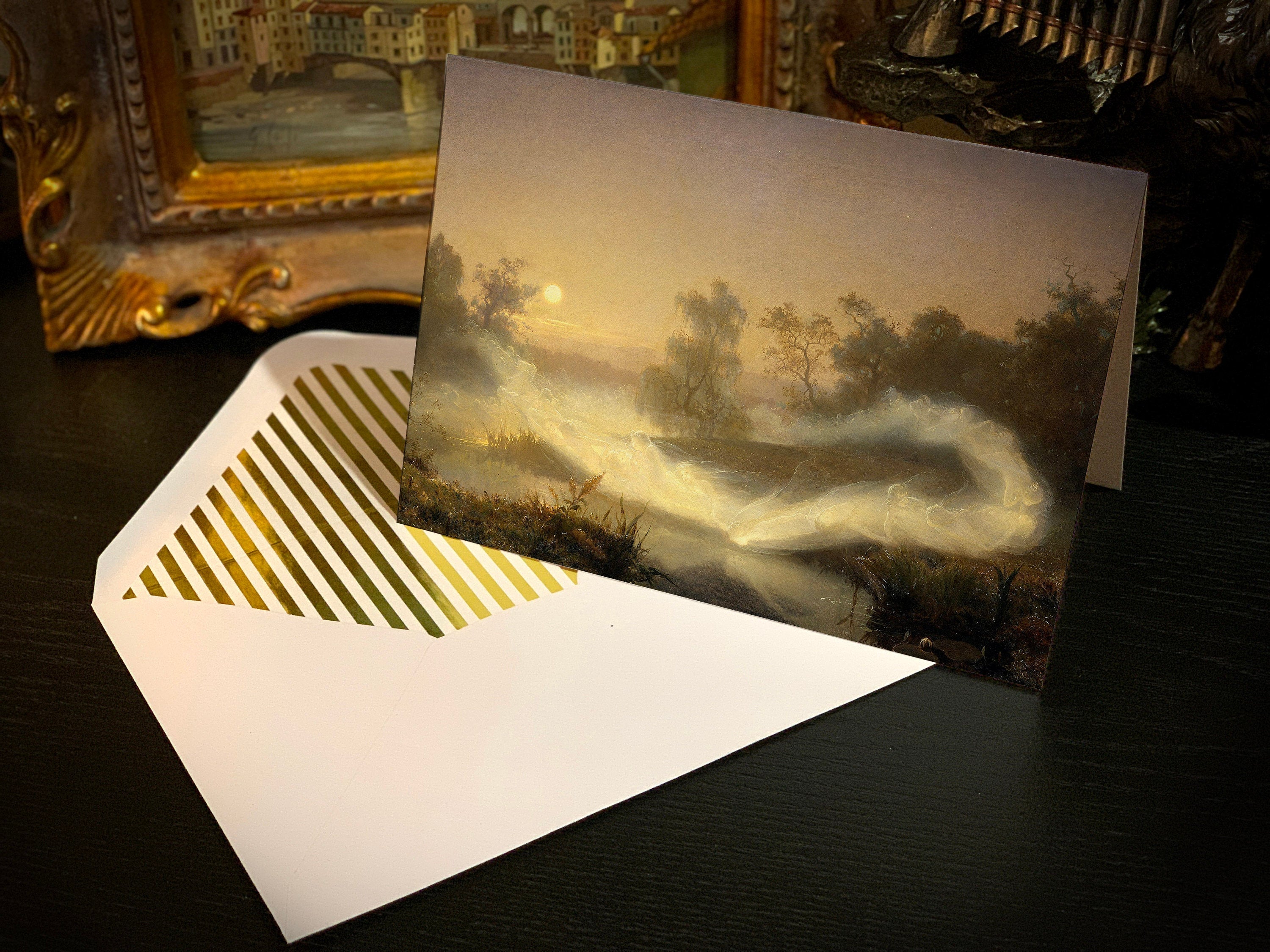 Dancing Fairies by August Malmstrom, Greeting Card with Elegant Striped Gold Foil Envelope, 1 Card/Envelope