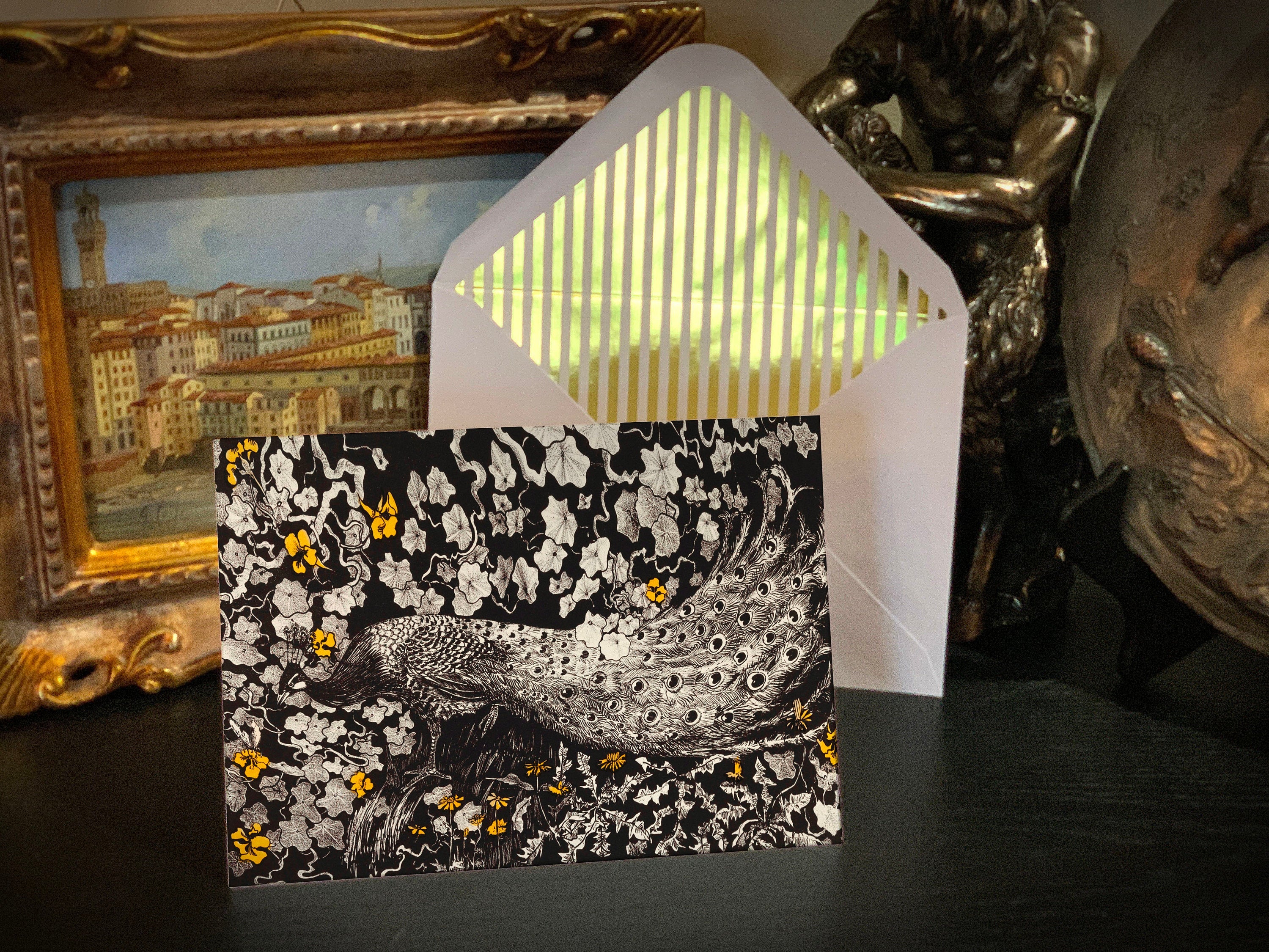 Peacock by Theodorus van Hoytema, Greeting Card with Elegant Striped Gold Foil Envelope, 1 Card/Envelope