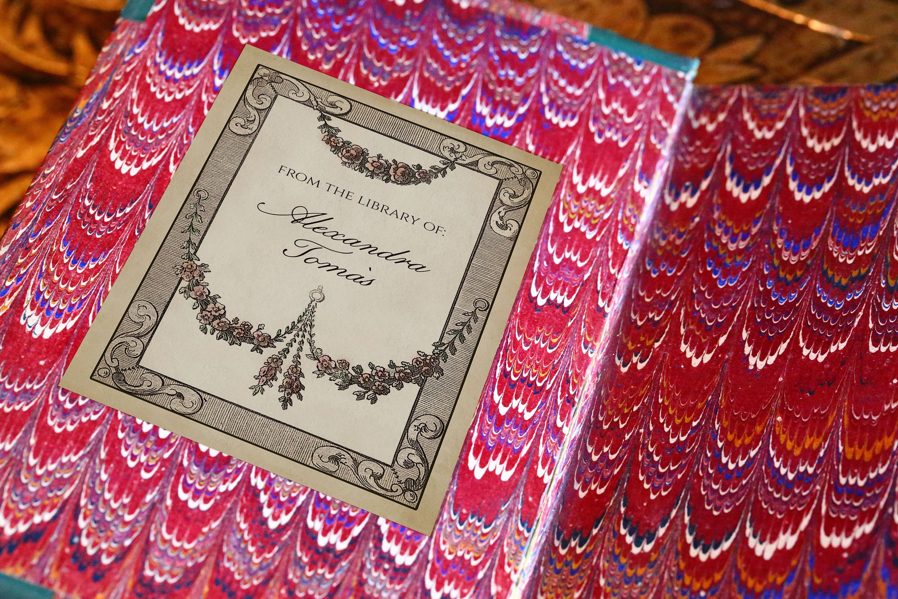 Elegant Garland, Personalized Baroque Ex-Libris Bookplates, Crafted on Traditional Gummed Paper, 2.5in x 4in, Set of 30