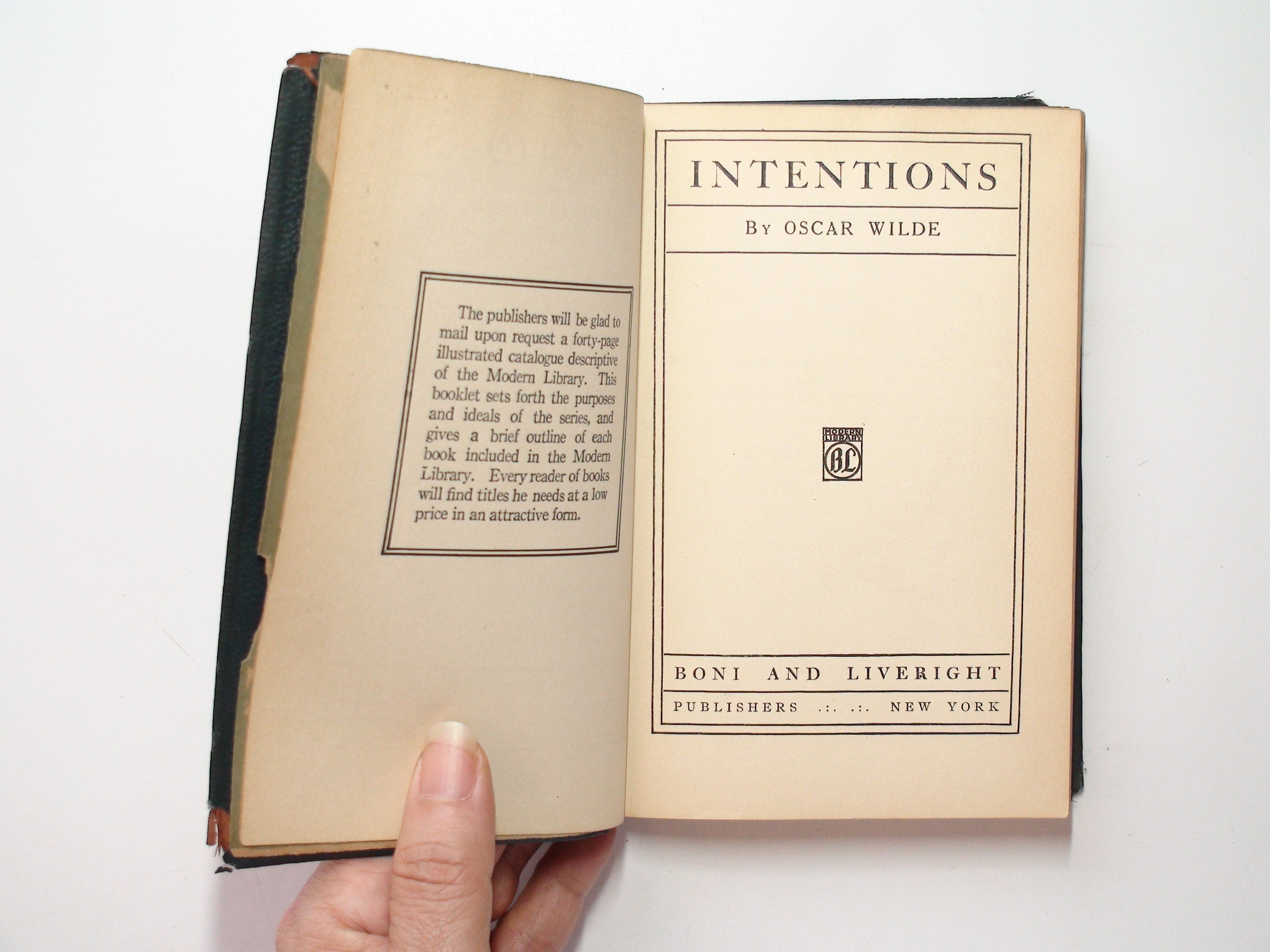 Intentions by Oscar Wilde, Modern Library, Scarce, c1917