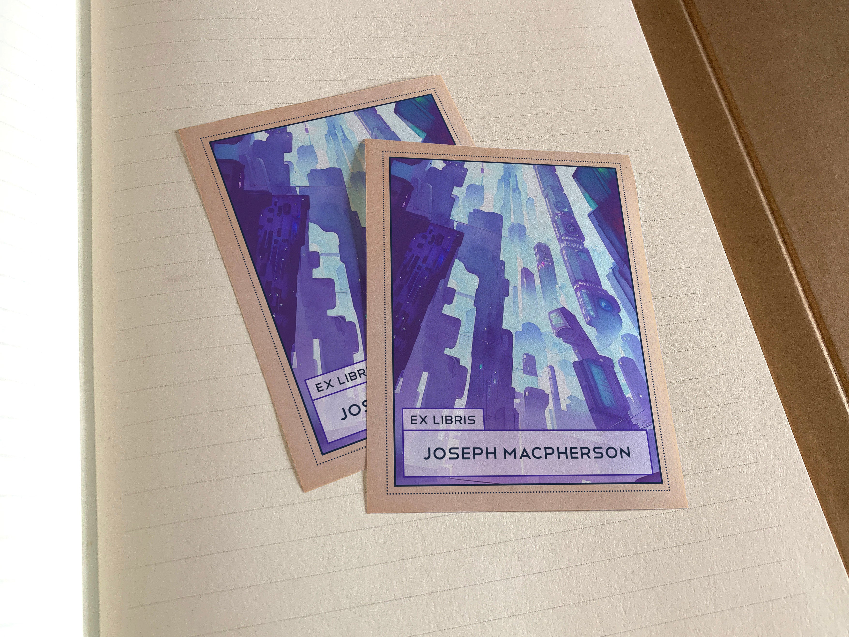 Futuristic City, Personalized Ex-Libris Bookplates, Crafted on Traditional Gummed Paper, 3in x 4in, Set of 30