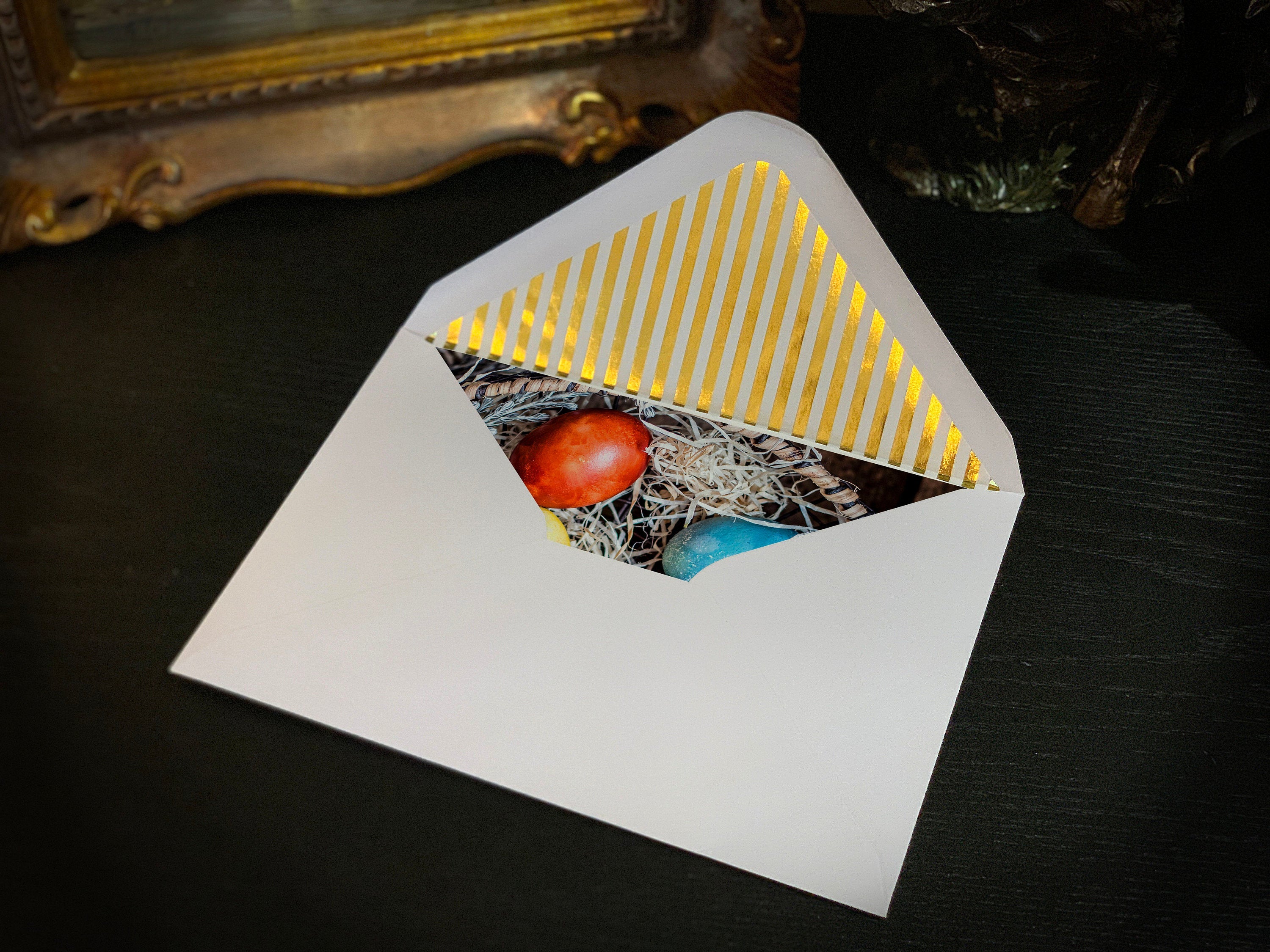 Basket of Easter Eggs, Easter Greeting Card with Elegant Striped Gold Foil Envelope, 1 Card/Envelope