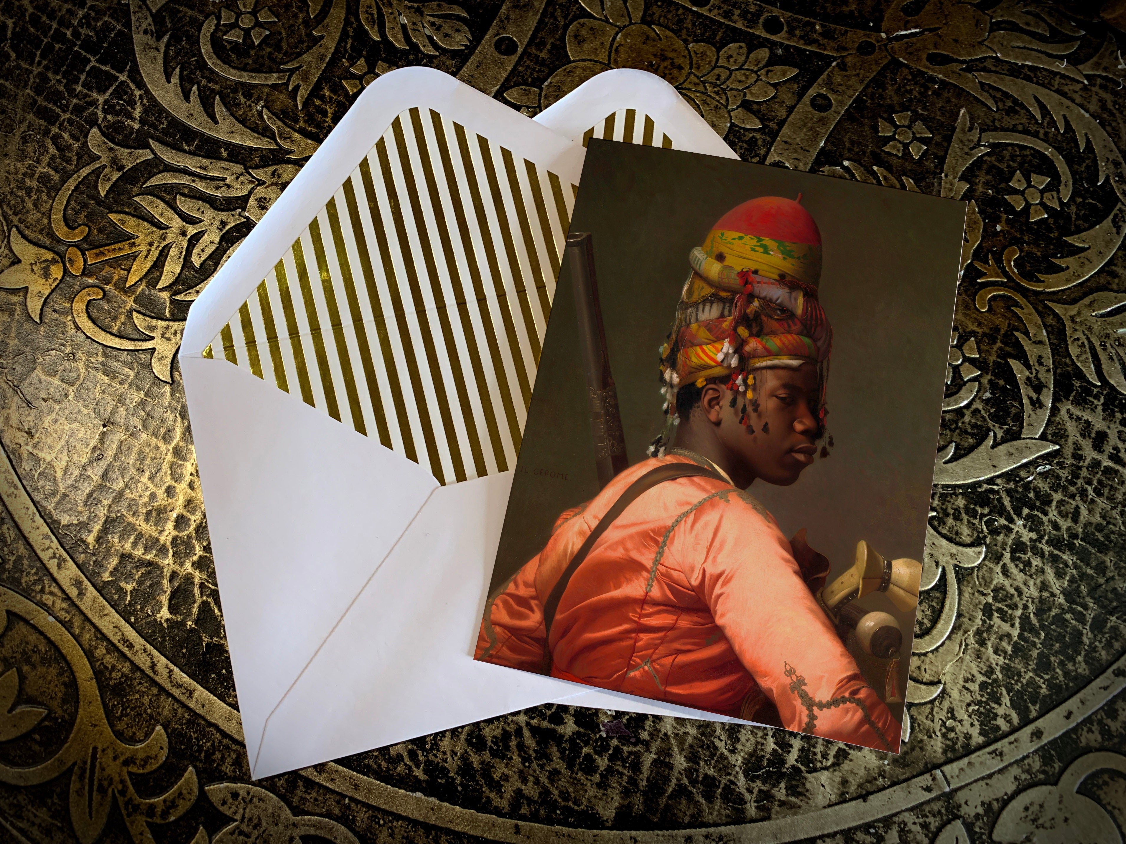 Bashi Bazouk African Warrior by Jean-Léon Gérôme, Greeting Card with Elegant Striped Gold Foil Envelope, 5in x 7in, 1 Card/Envelope