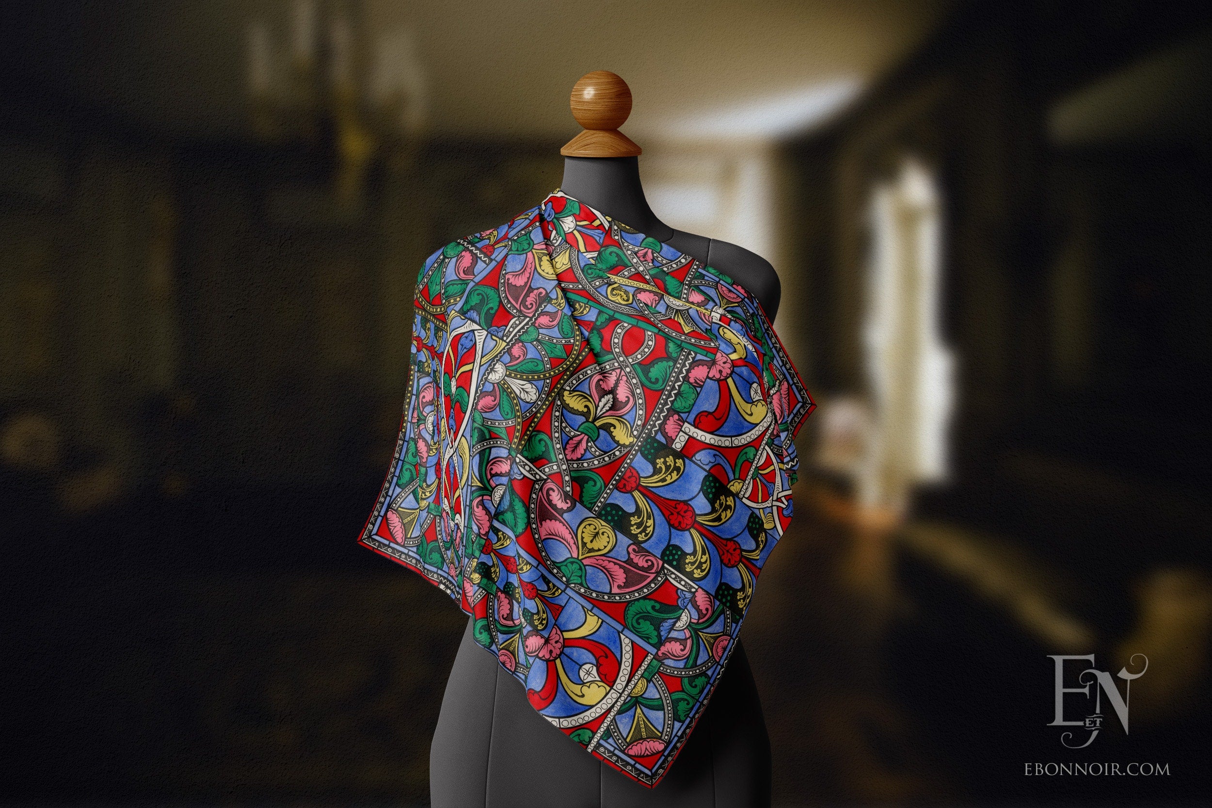 Medieval Stained Glass, Luxurious Square Scarf/Wrap/Boho Shawl, Made to Order, Handmade and Cruelty-Free