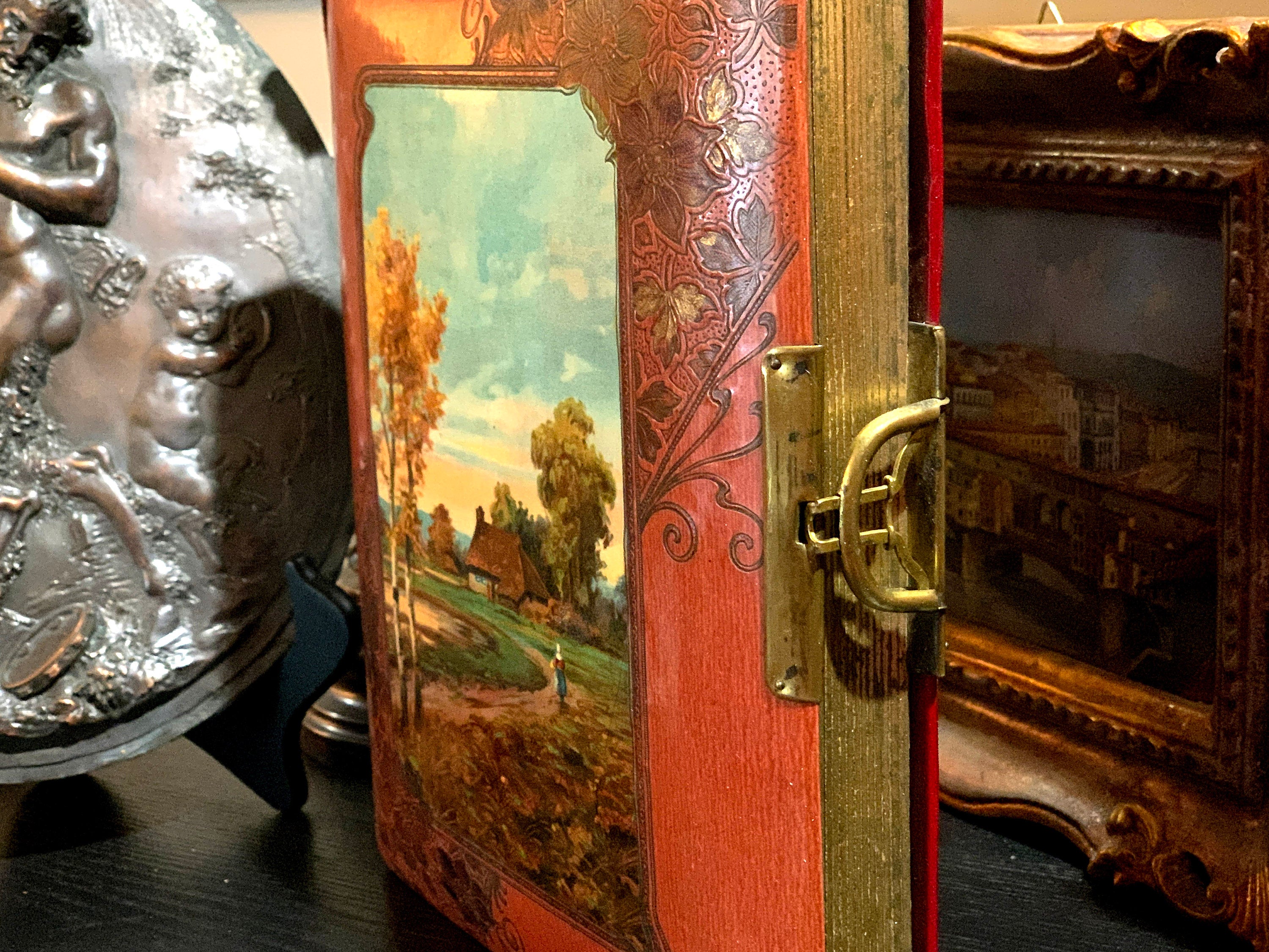 Antique Victorian Photo Album with Country Scene and Working Ornate Clasp, Includes Two Photographs, c1880s