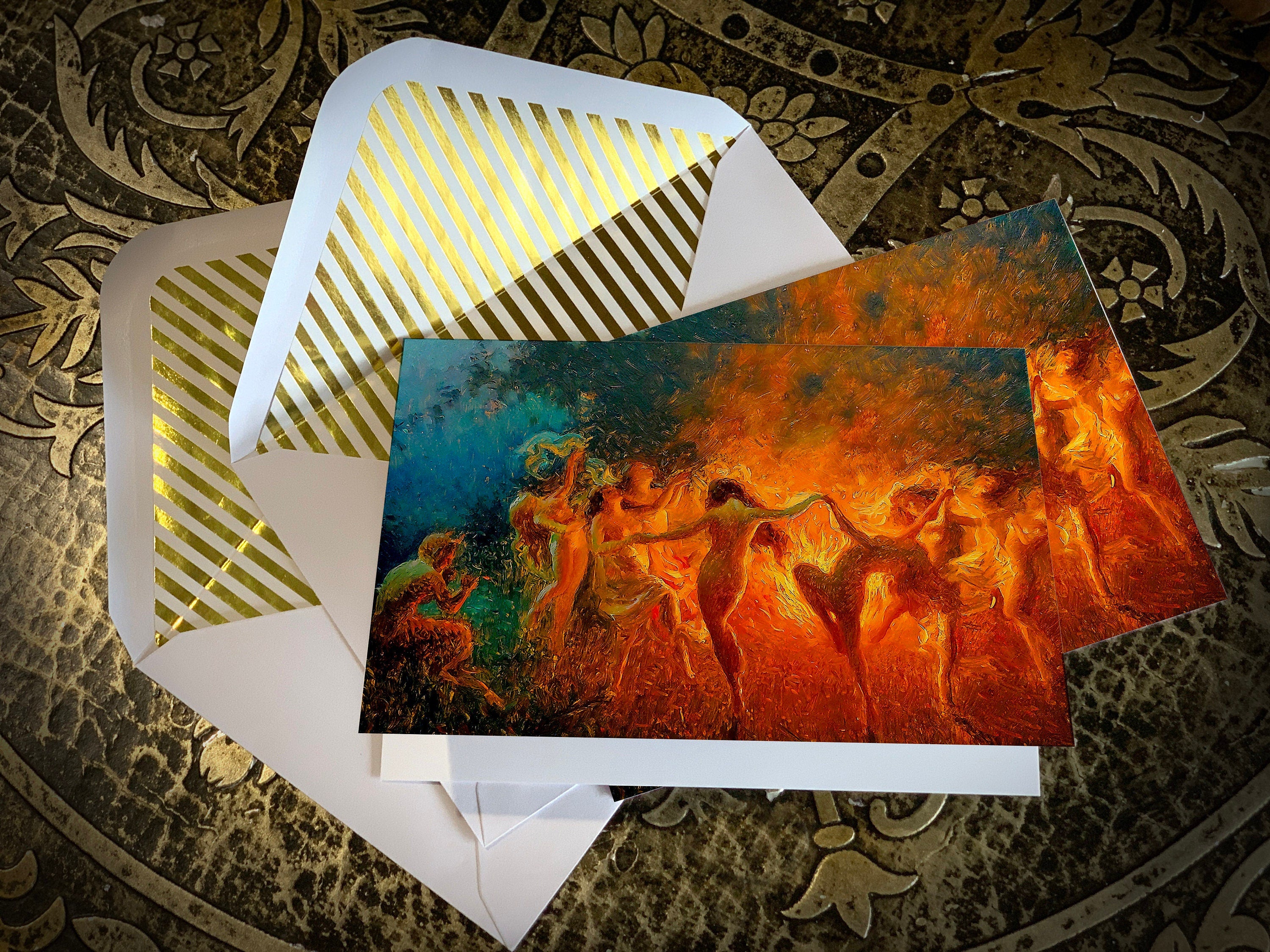 Nude Nymphs Dancing to Pans Flute Around the Fire by Joseph Tomanek, Greeting Card with Elegant Striped Gold Foil Envelope, 1 Card/Envelope