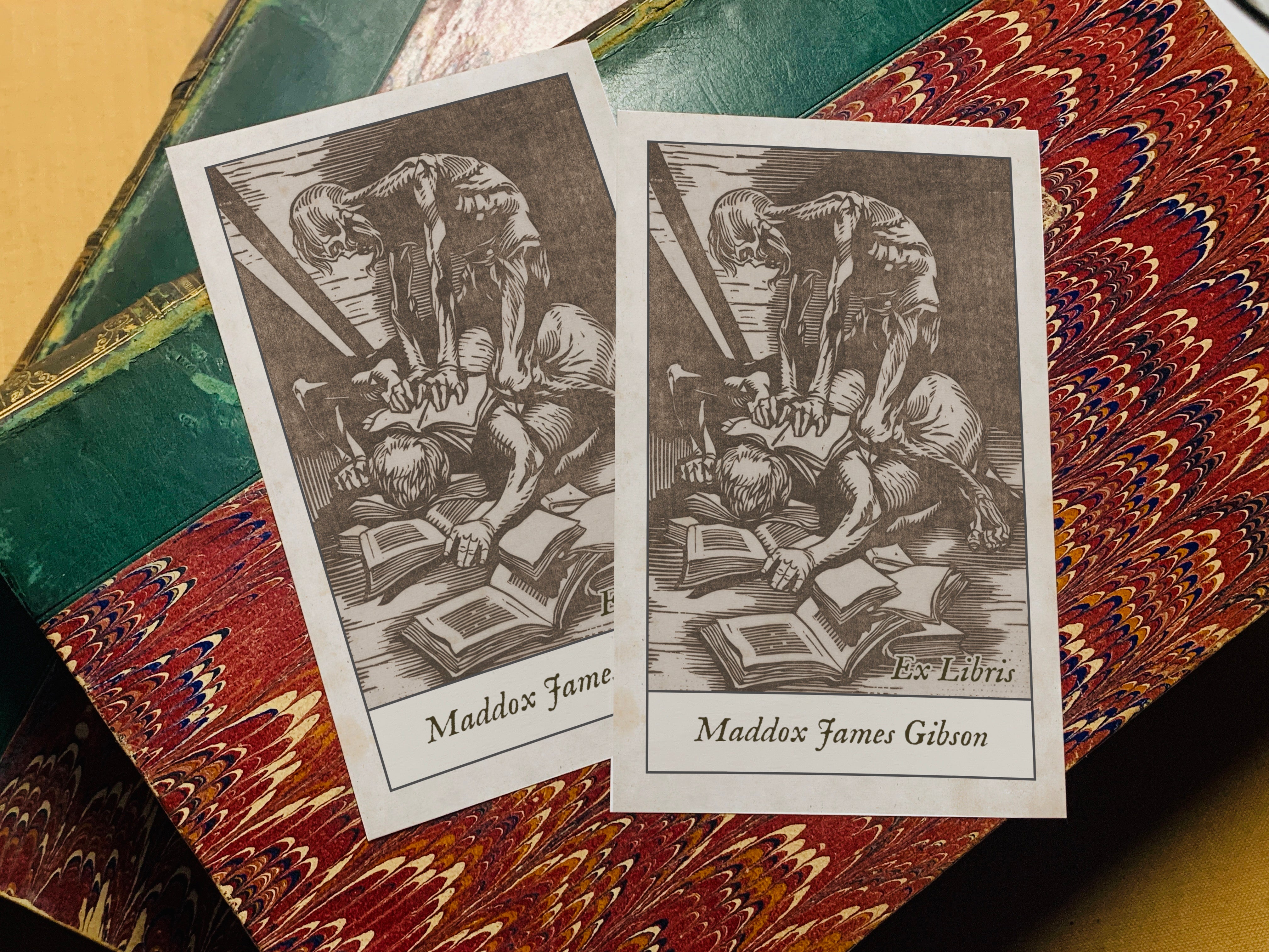 Death and Victim, Dark Academia, Personalized Ex-Libris Bookplates, Crafted on Traditional Gummed Paper, 2.5in x 4in, Set of 30