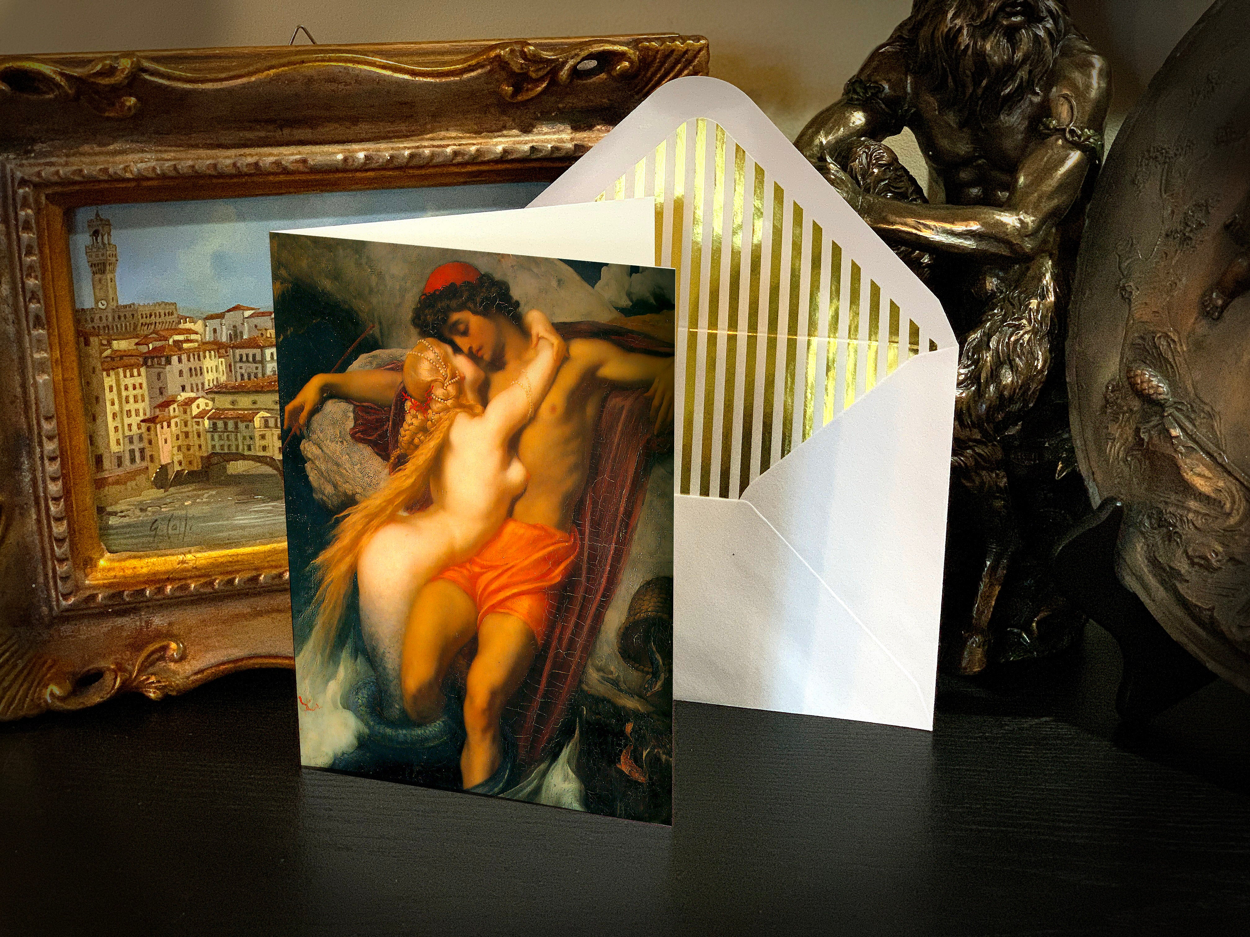 Frederick Leighton Everyday Mythological Greeting Cards with Elegant Striped Gold Foil Envelopes, 5in x 7in, 5 Cards/5 Envelopes
