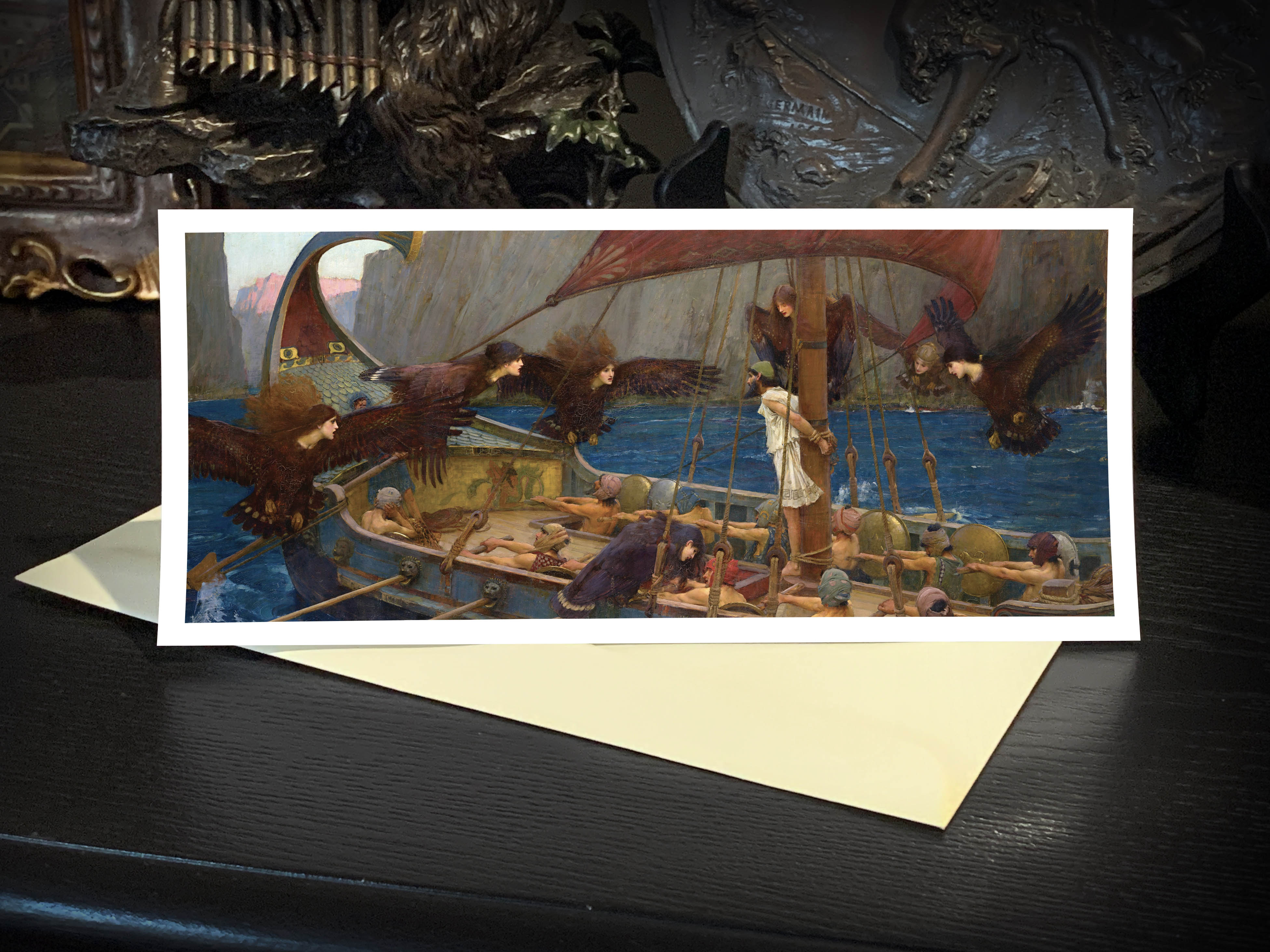 Ulysses and the Sirens by Waterhouse, Panoramic Greeting Card, Money Holder with Linen Envelope