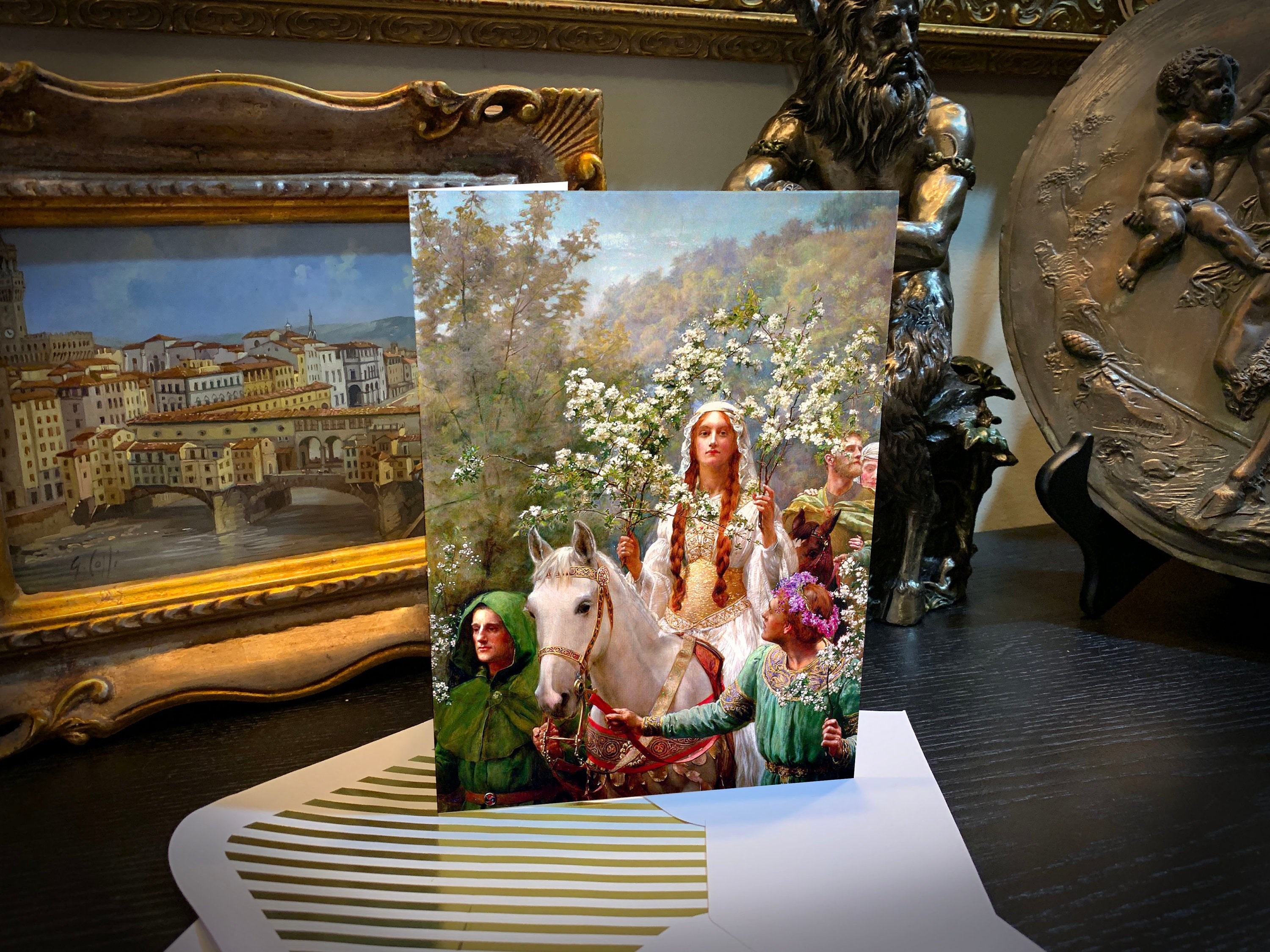 Queen Guinevere's Maying, Spring/Ostara Greeting Card with Elegant Striped Gold Foil Envelope, 1 Card/Envelope