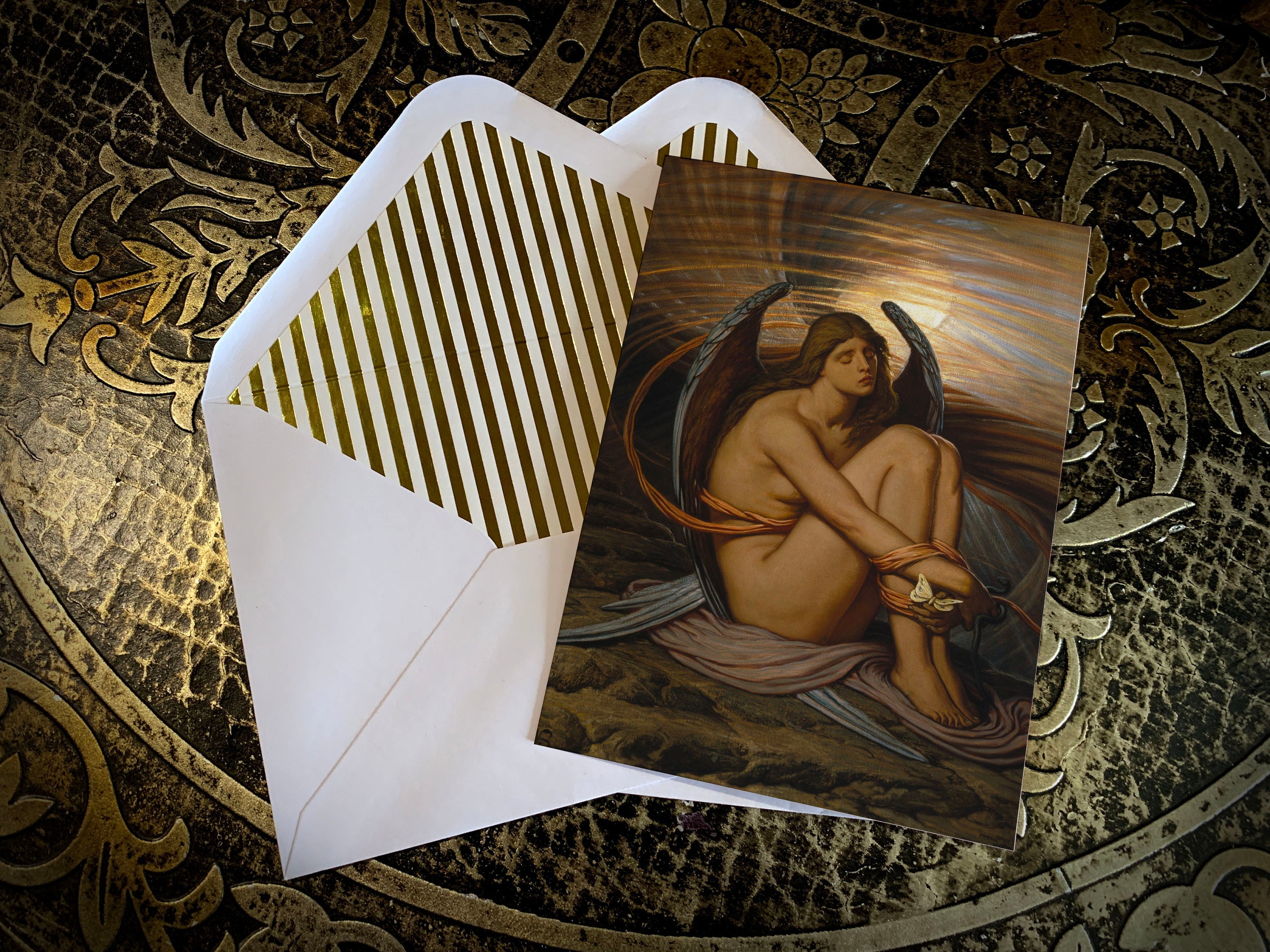 Soul in Bondage by Elihu Vedder, Angelic Greeting Card with Elegant Striped Gold Foil Envelope, 1 Card/Envelope