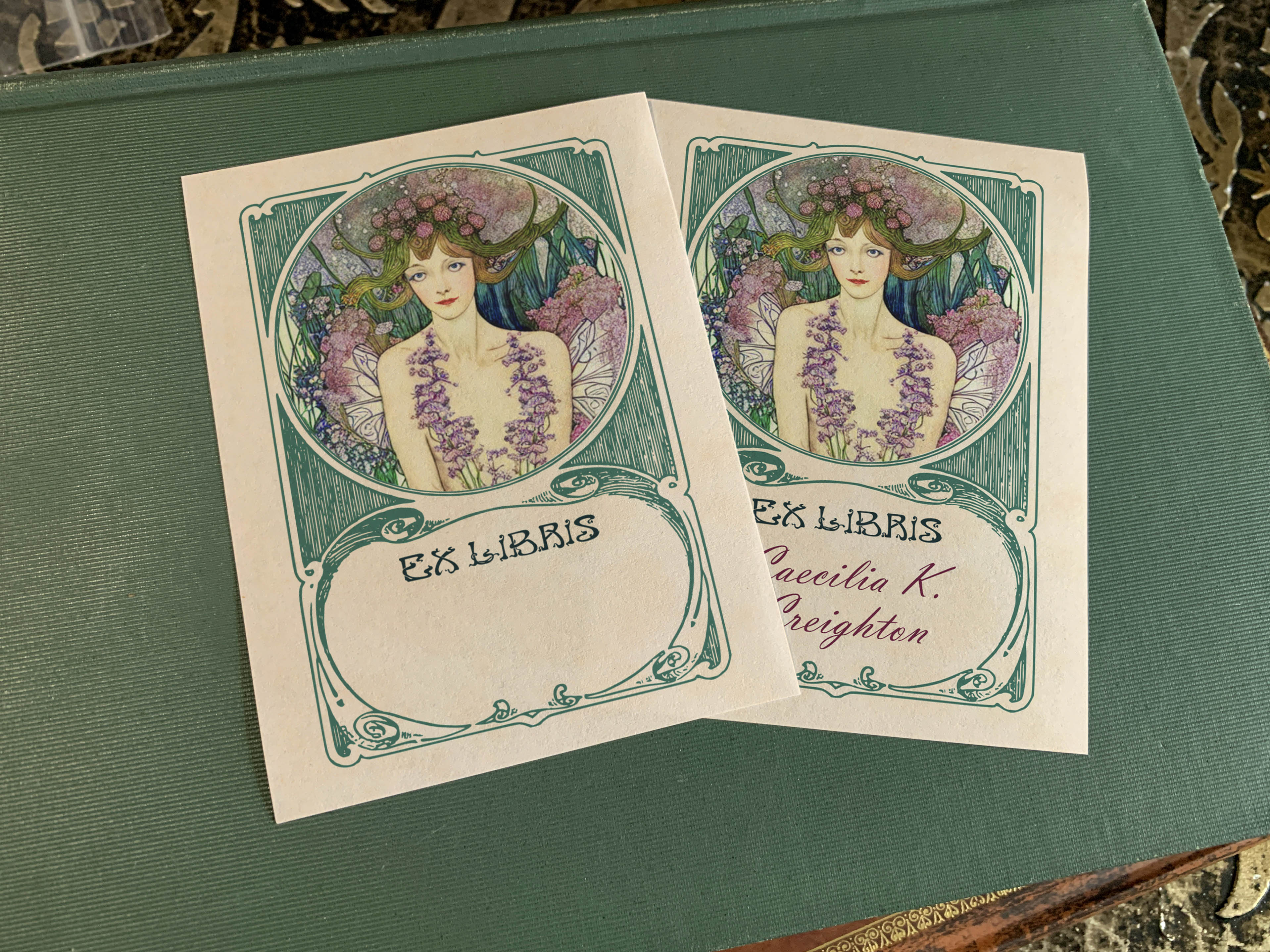 Flower Fairy, Art Nouveau Personalized Ex-Libris Bookplates, Crafted on Traditional Gummed Paper, 3in x 4in, Set of 30
