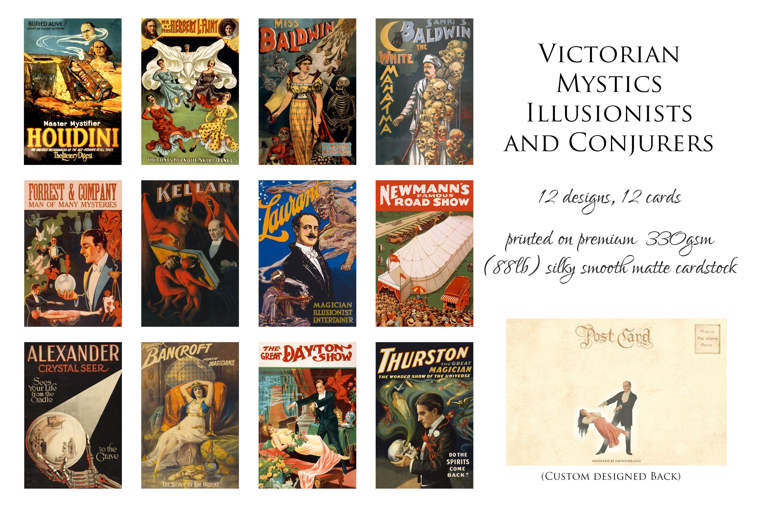 Victorian Mystics, Illusionists, and Conjurers Postcard/Greeting Card Set, Exclusively Designed, 12 Designs, 12 Cards