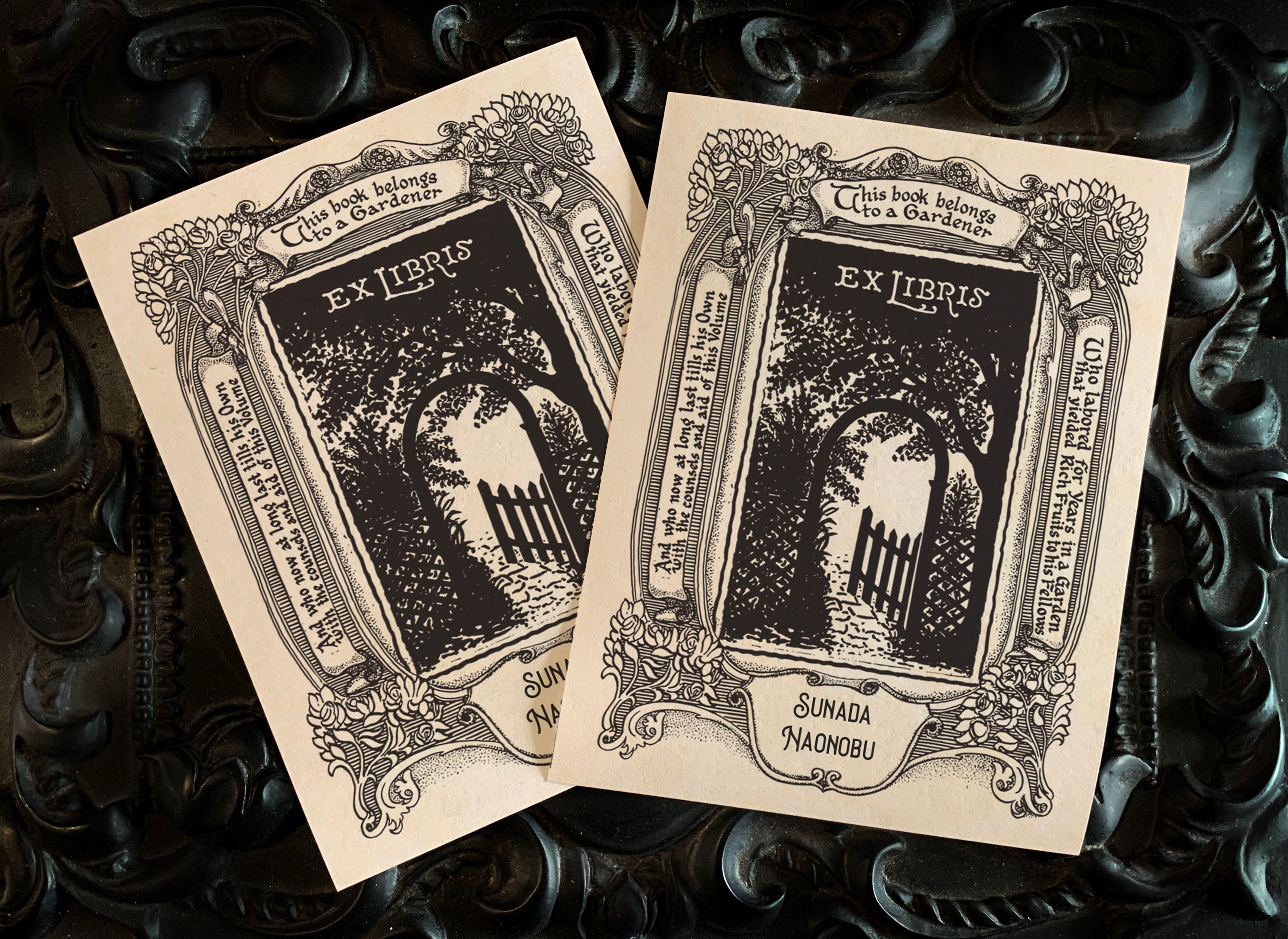 Garden Gate, Personalized Ex-Libris Bookplates FOR HIM, Crafted on Traditional Gummed Paper, 3in x 4in, Set of 30