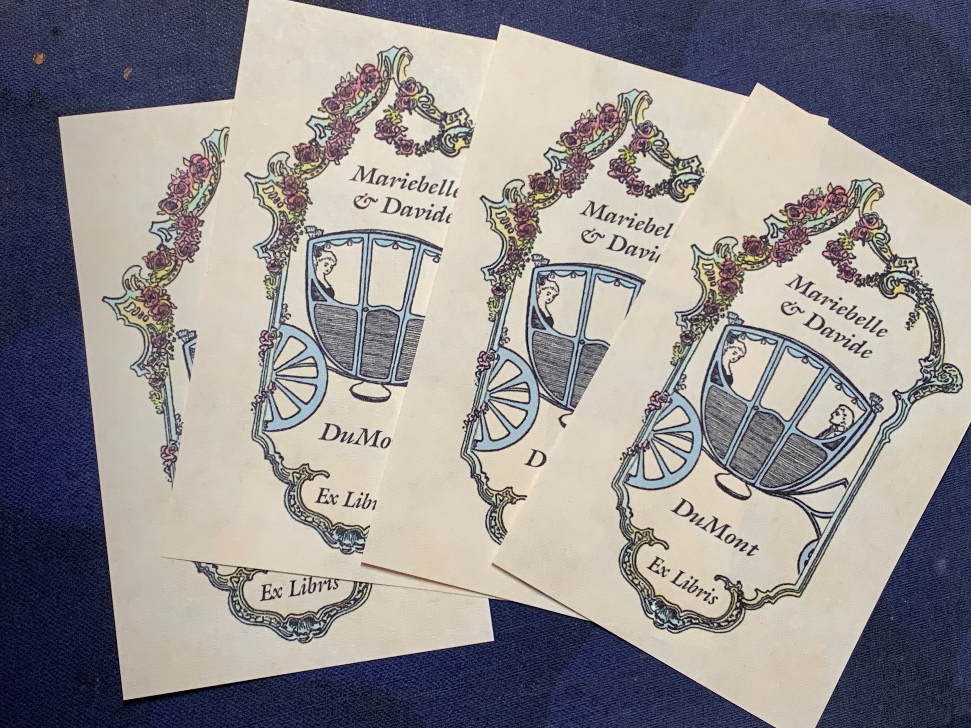 Mr. & Mrs. in Coach, Personalized Ex-Libris Bookplates, Crafted on Traditional Gummed Paper, 2.5in x 4in, Set of 30