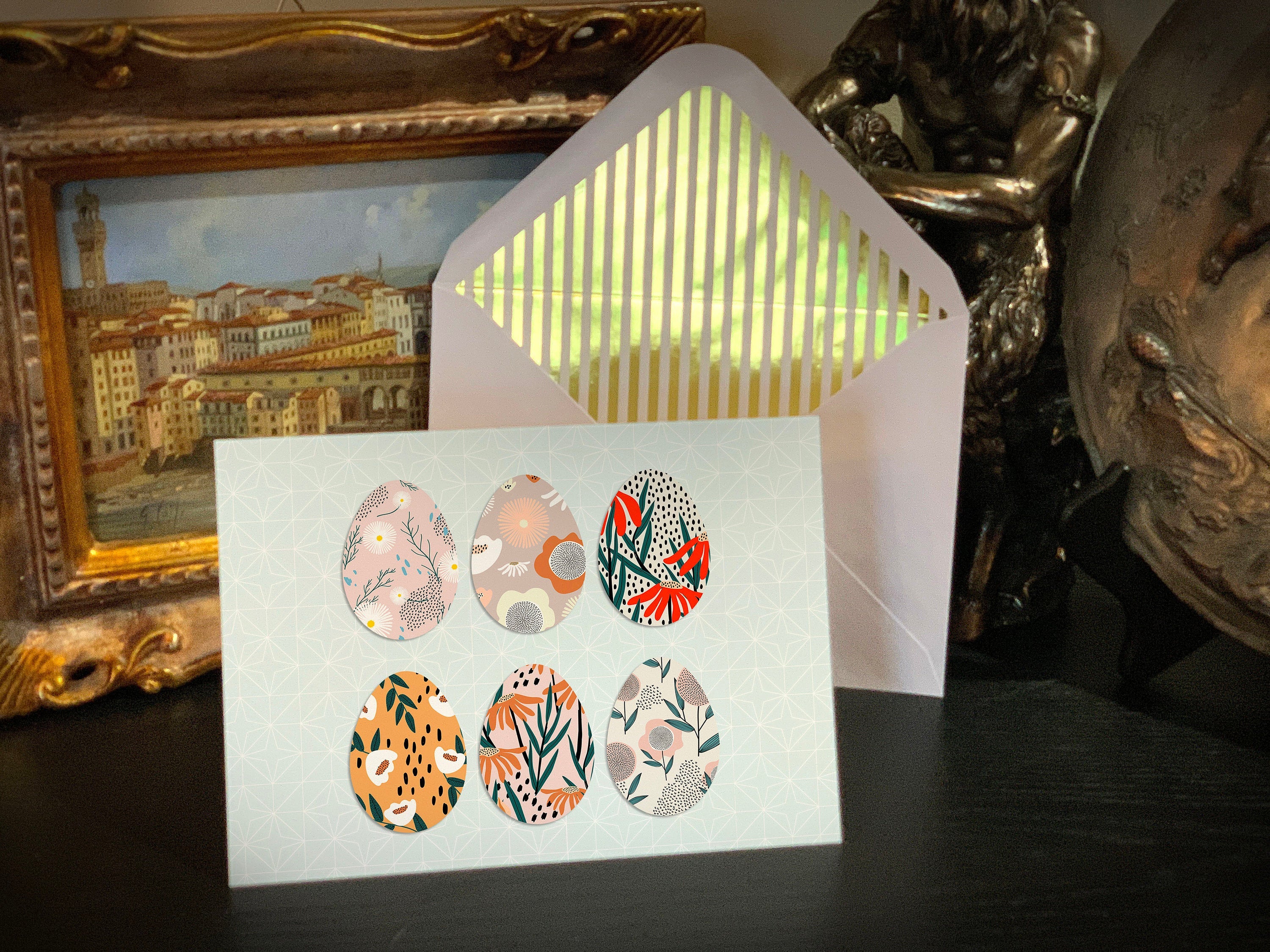 Modern Easter Eggs, Easter Greeting Card with Elegant Striped Gold Foil Envelope, 1 Card/Envelope