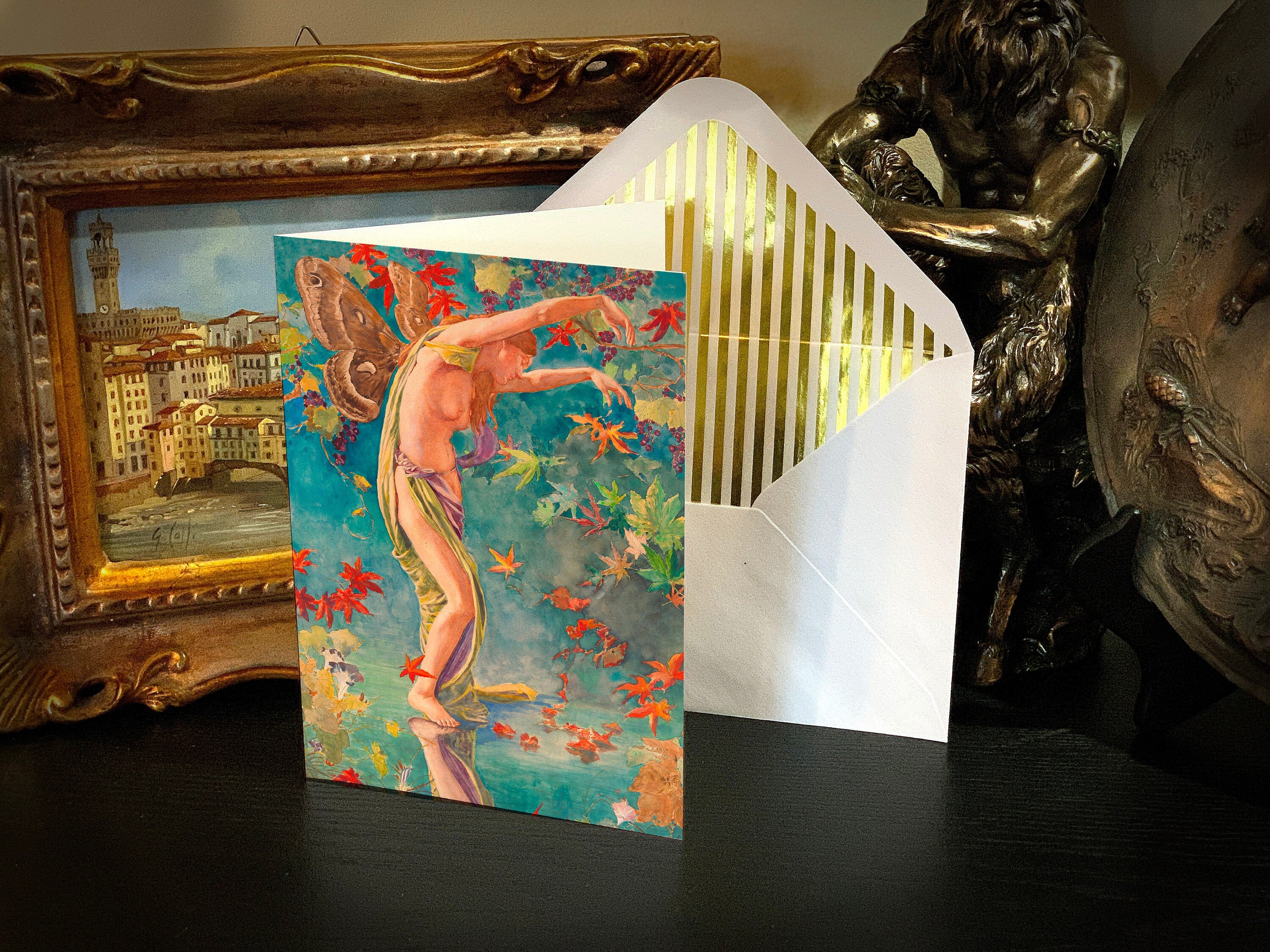 Autumn Scattering Leaves by John La Farge, Everyday Greeting Card with Elegant Striped Gold Foil Envelope, 1 Card/Envelope