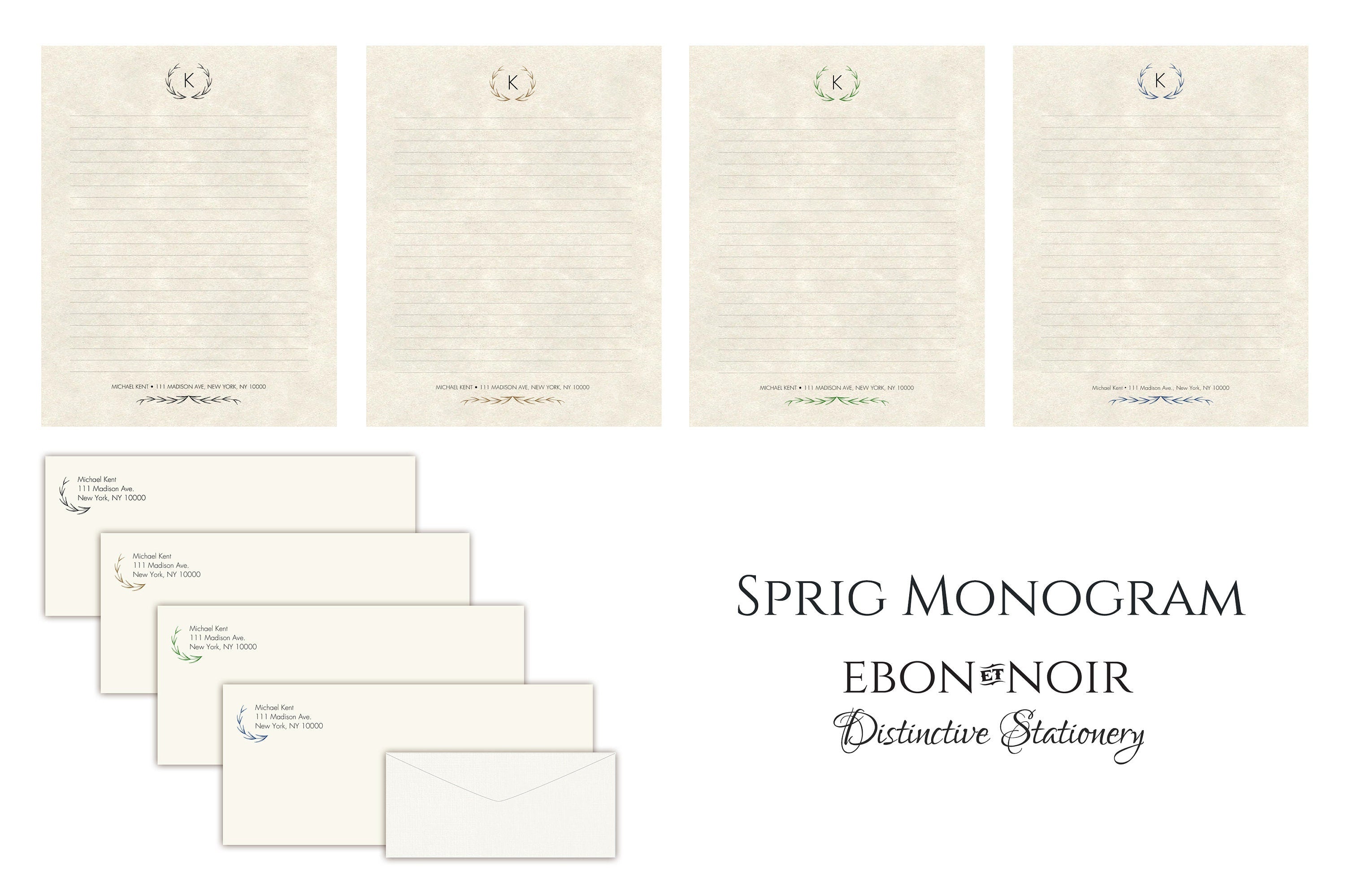Sprig Monogram, Luxurious Handcrafted Stationery Set for Letter Writing, Personalized, 12 Sheets/10 Envelopes, Available in 4 Colors