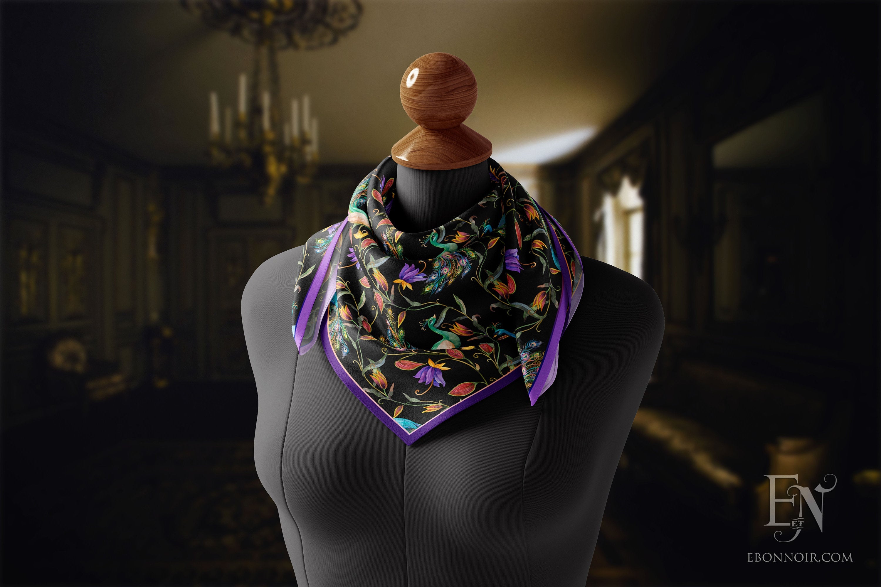 Peacock Forest, Luxurious Square Scarf/Wrap/Boho Shawl, Made to Order, Handmade and Cruelty Free, Exclusively at Ebon et Noir